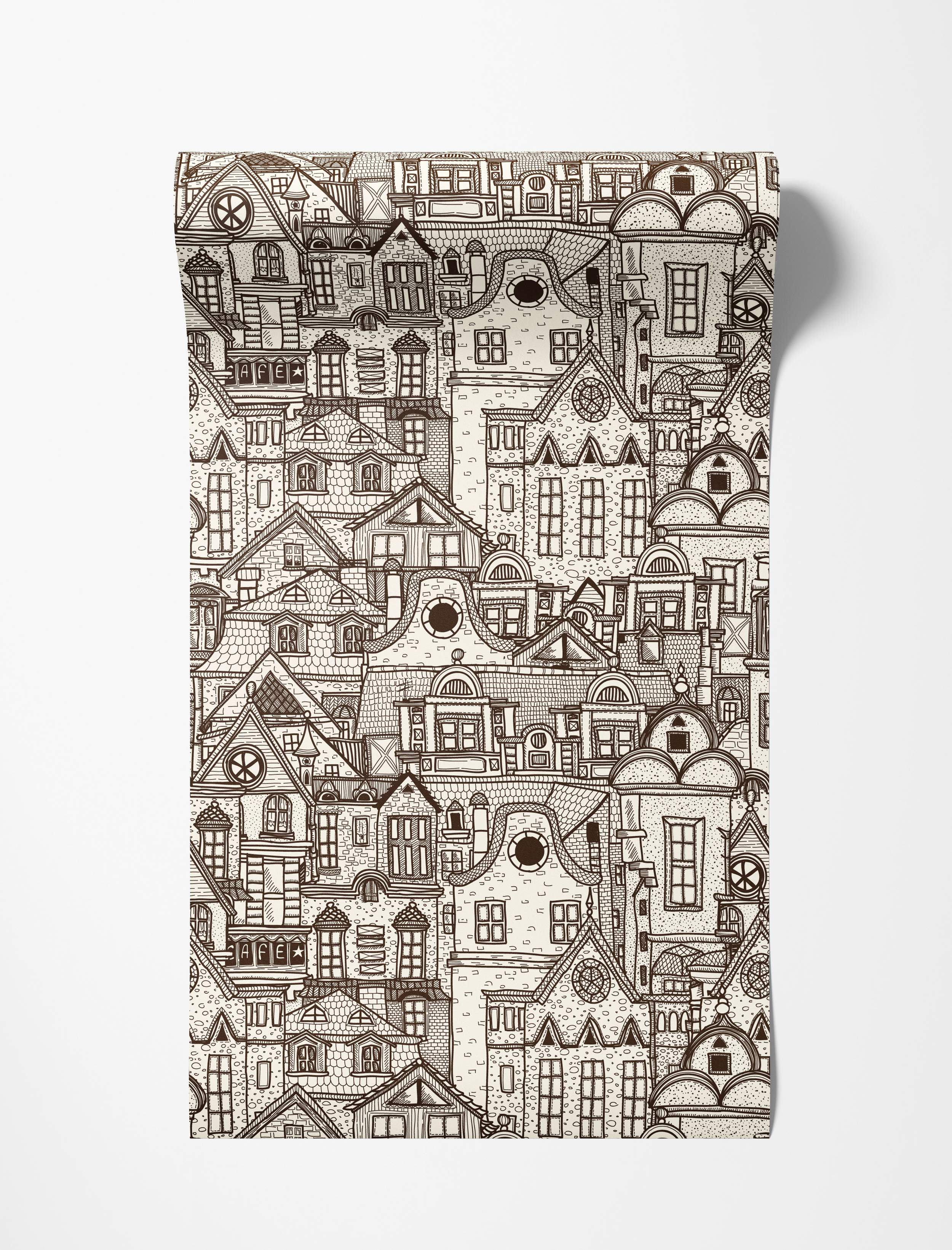 Wallpaper featuring a dense, hand-drawn pattern of overlapping cityscape buildings in brown line art on a cream background.