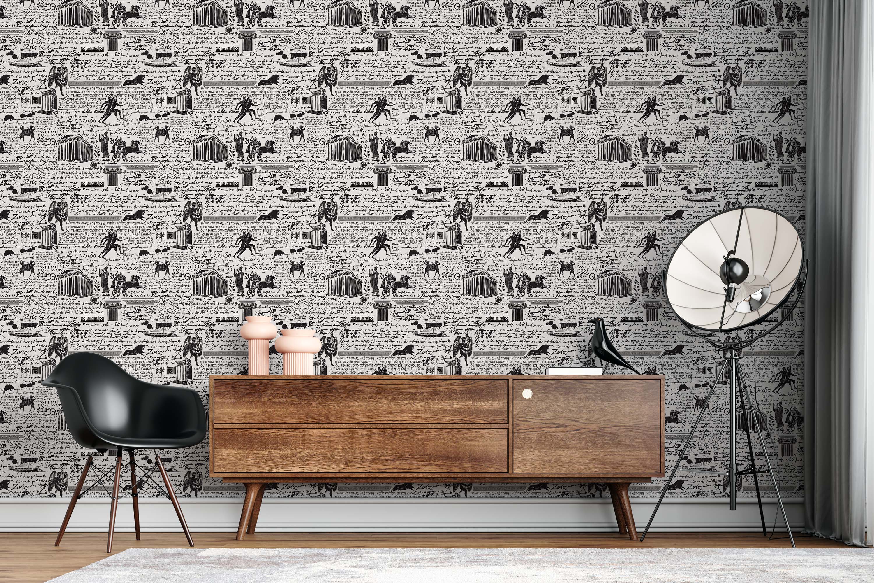 Wallpaper with a repeating pattern of black and white sketches depicting classical Greek figures, architecture, and script.