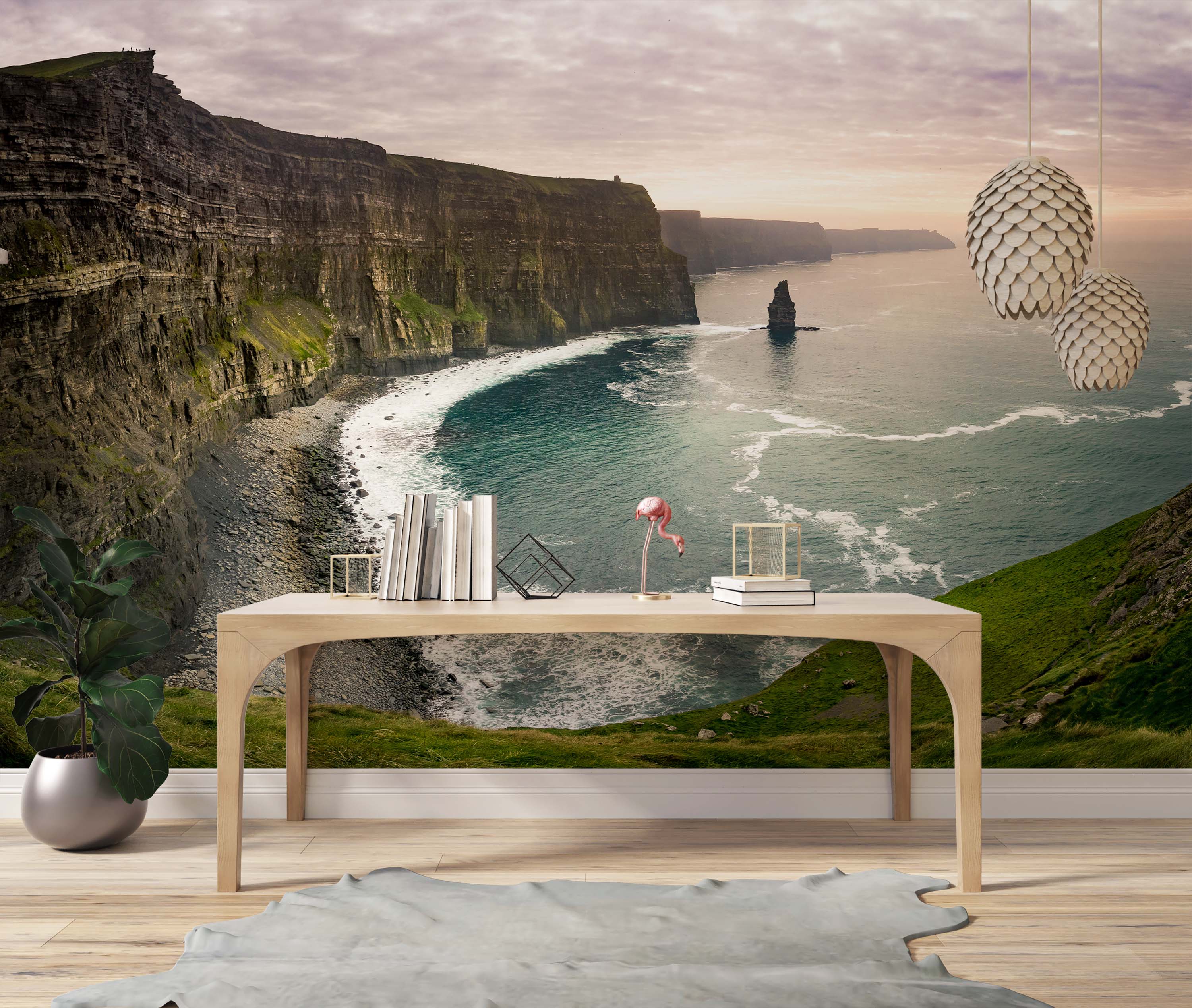 A photorealistic wall mural depicting the Cliffs of Moher, with dramatic green and gray cliffs meeting a teal ocean under a cloudy sky.