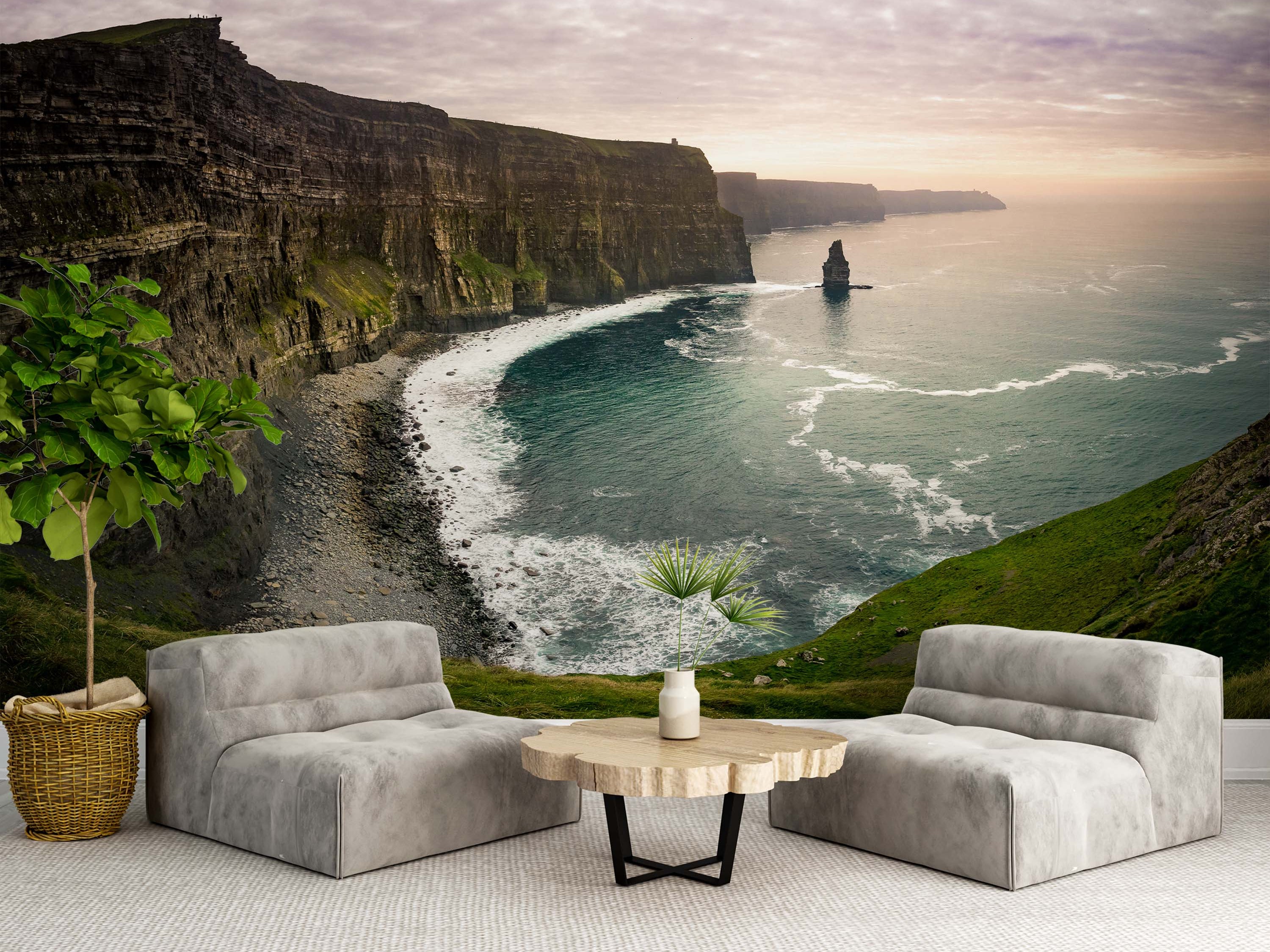 A scenic wall mural of the Cliffs of Moher at dusk. The image shows dark stratified cliffs, a teal ocean, and a soft purple sky.