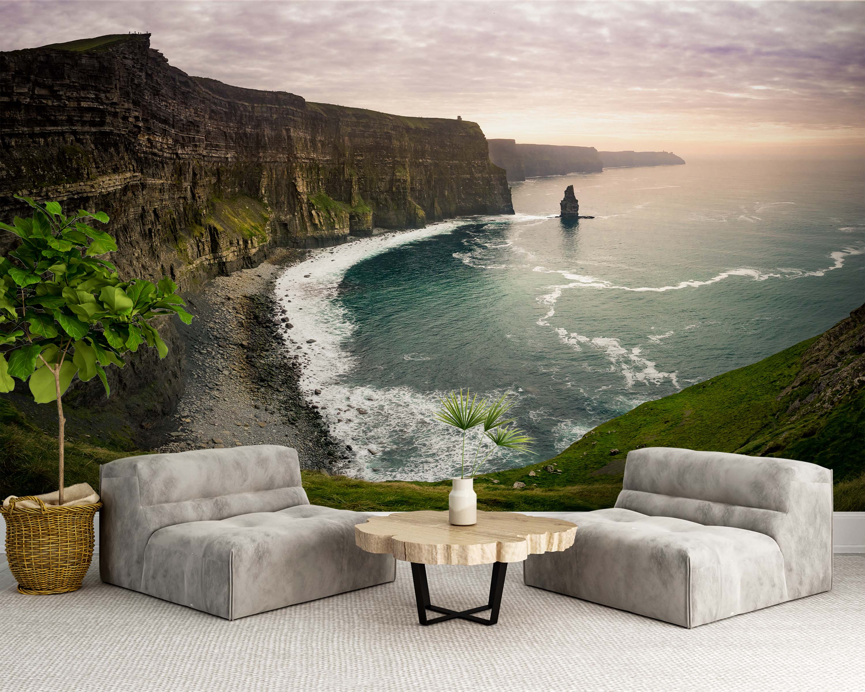 A scenic wall mural of the Cliffs of Moher at dusk. The image shows dark stratified cliffs, a teal ocean, and a soft purple sky.