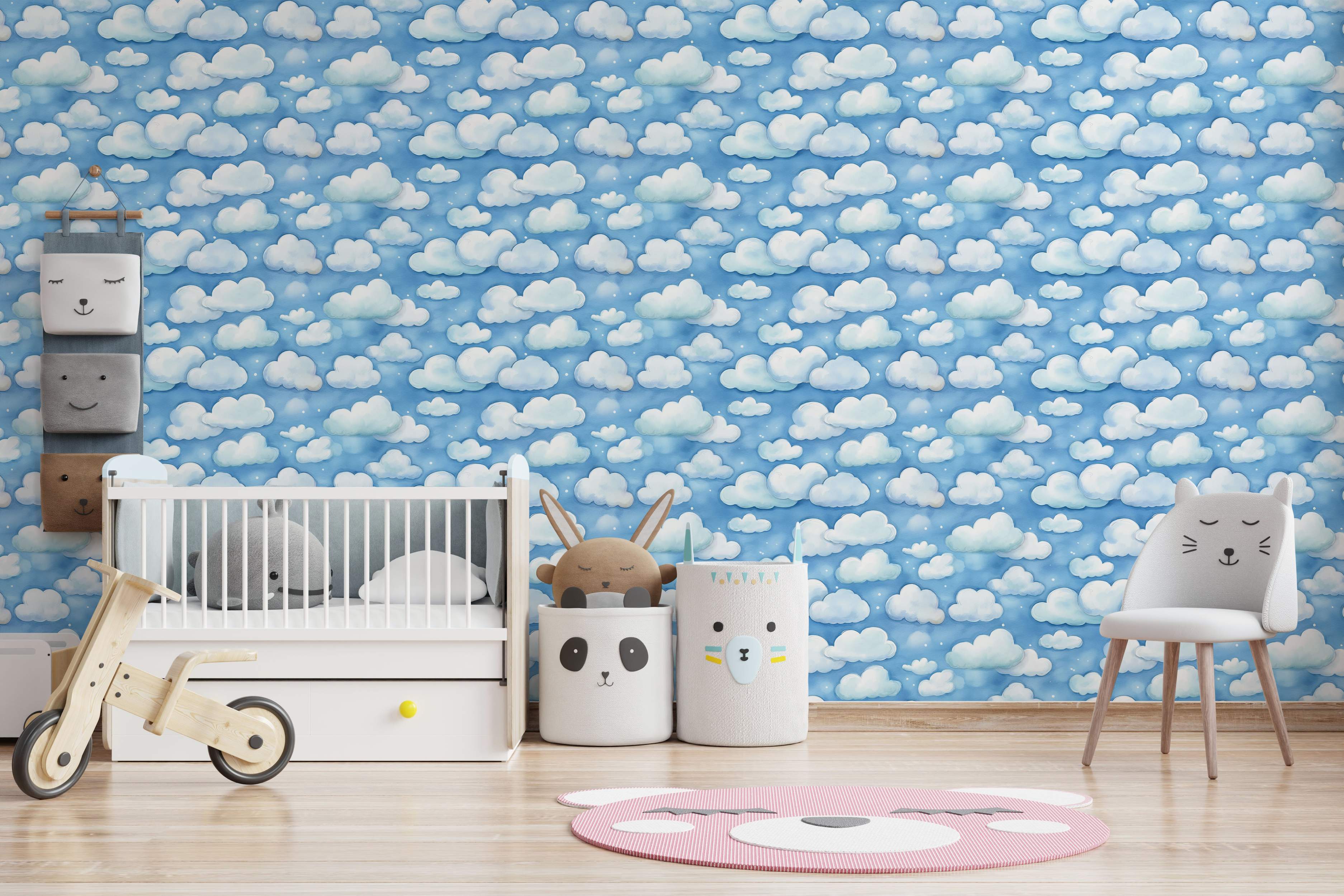 Wallpaper featuring a repeating pattern of fluffy white clouds and small white dots on a light blue background.