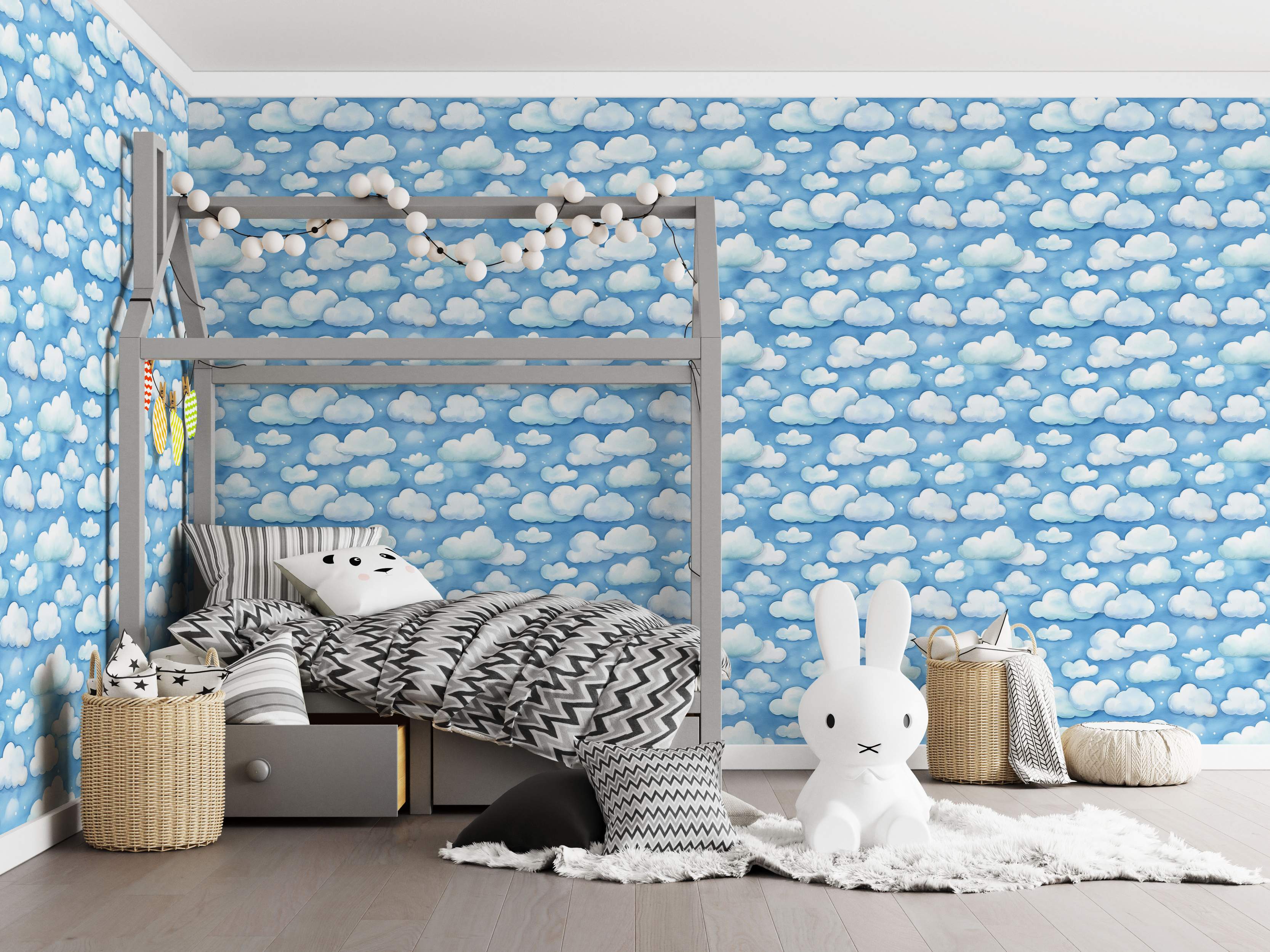 Wallpaper featuring repeating watercolor-style fluffy white clouds scattered across a light blue sky background with small white dots.