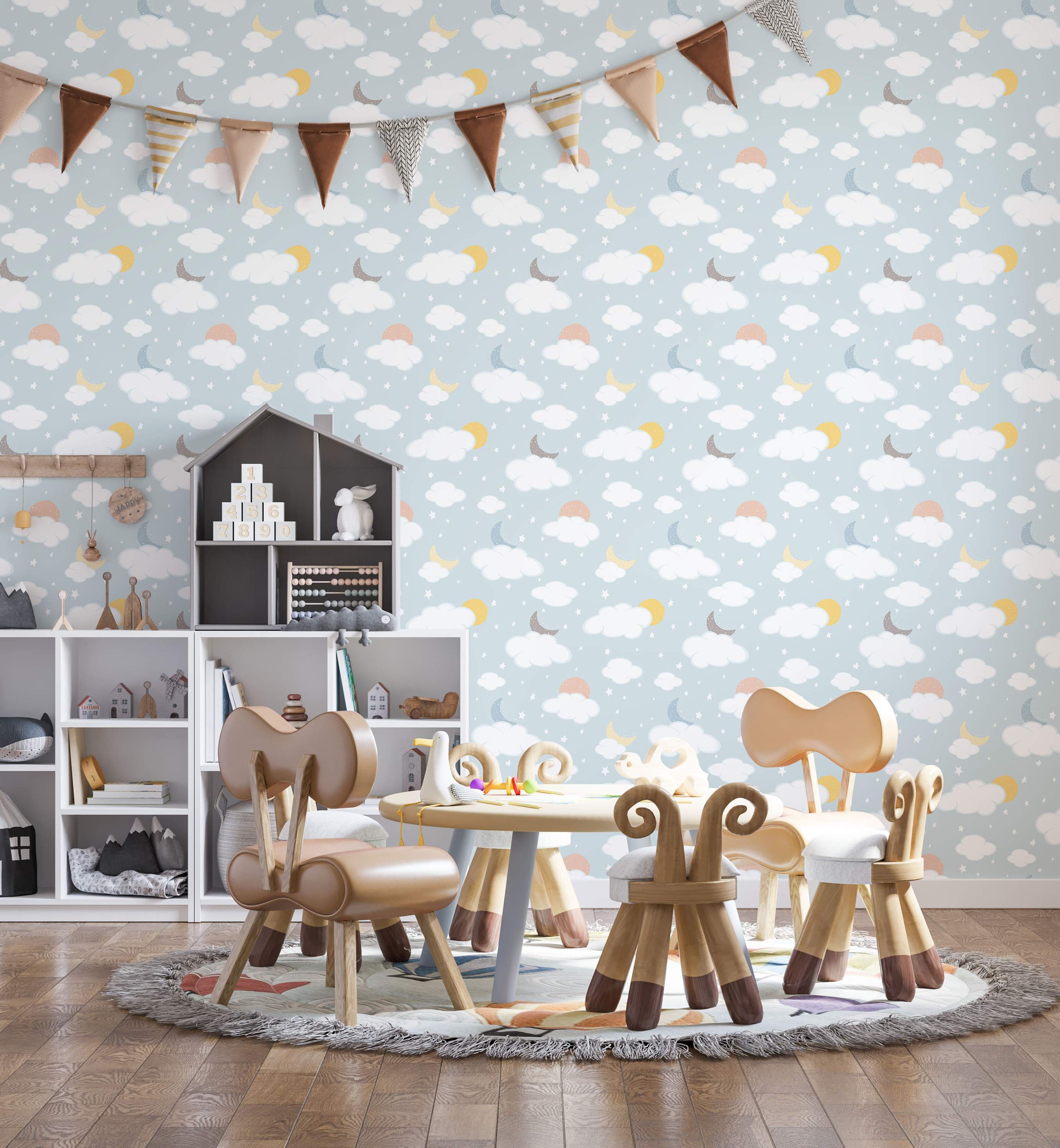 Whimsical wallpaper with illustrated white clouds, yellow suns, gray moons, and tiny stars on a pale blue background.