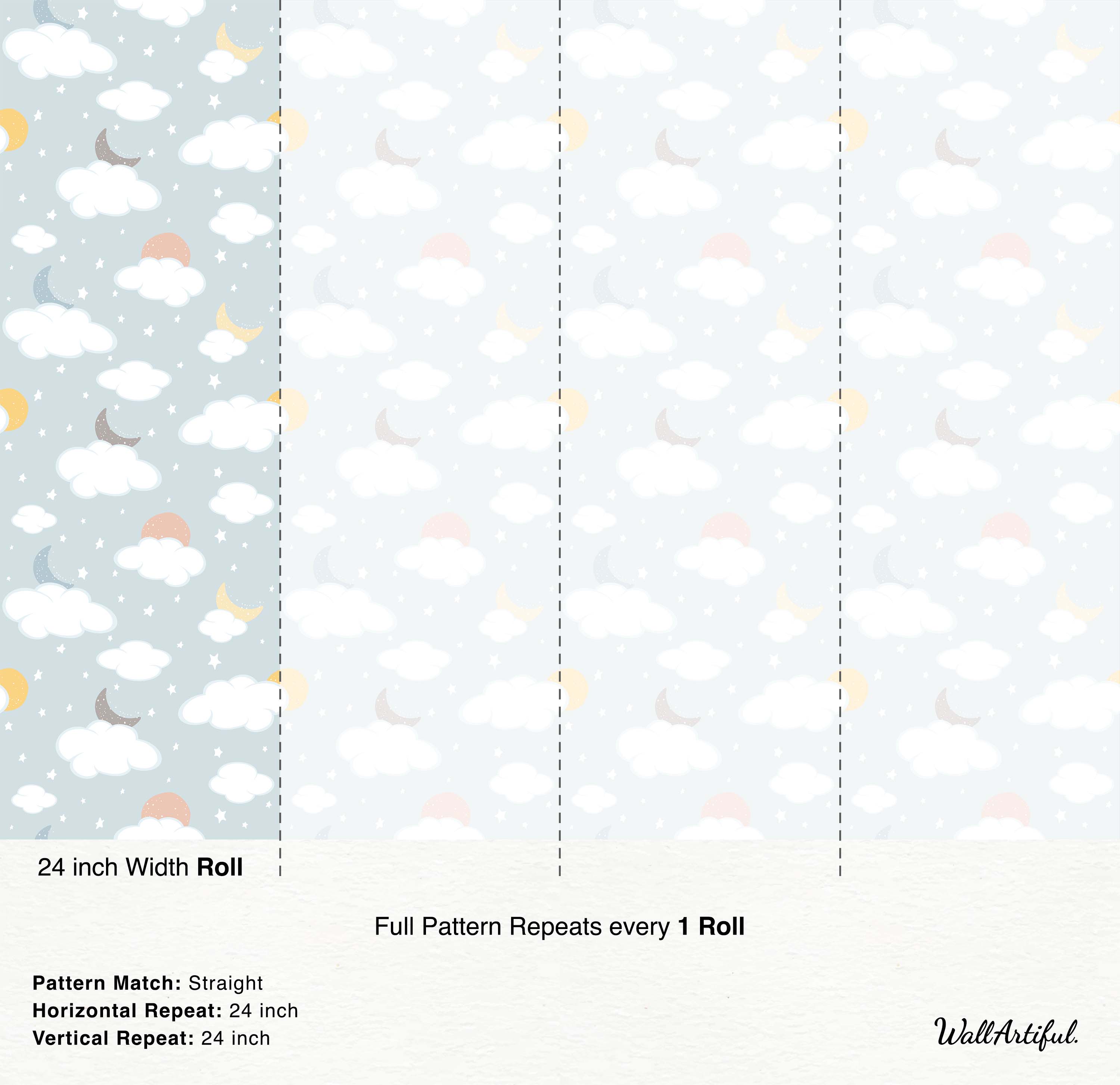 Wallpaper features white clouds, stars, and crescent moons in yellow, gray, and pink on a light blue background.