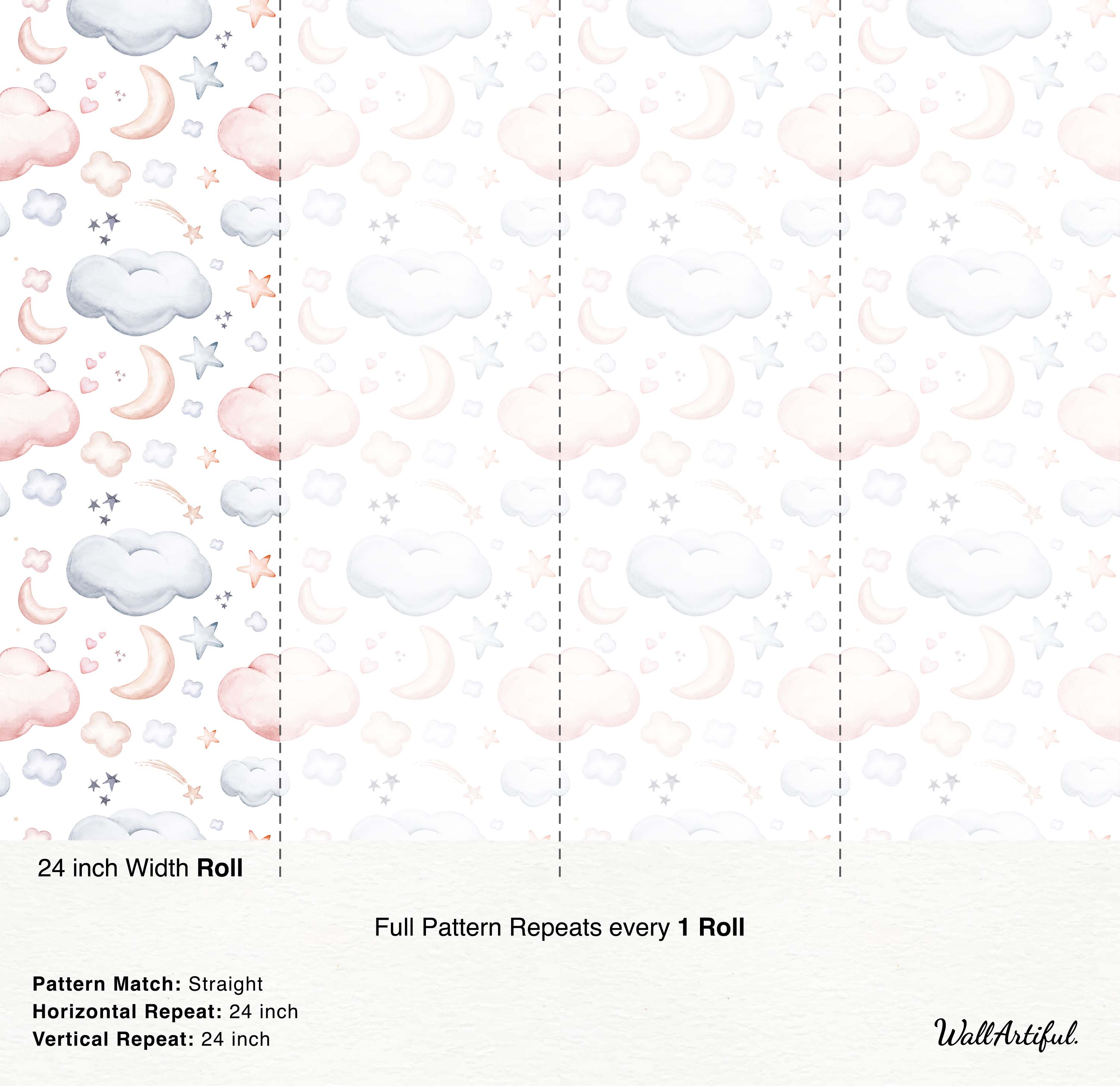 Watercolor wallpaper with soft pink and blue clouds, crescent moons, and stars scattered on a white background.