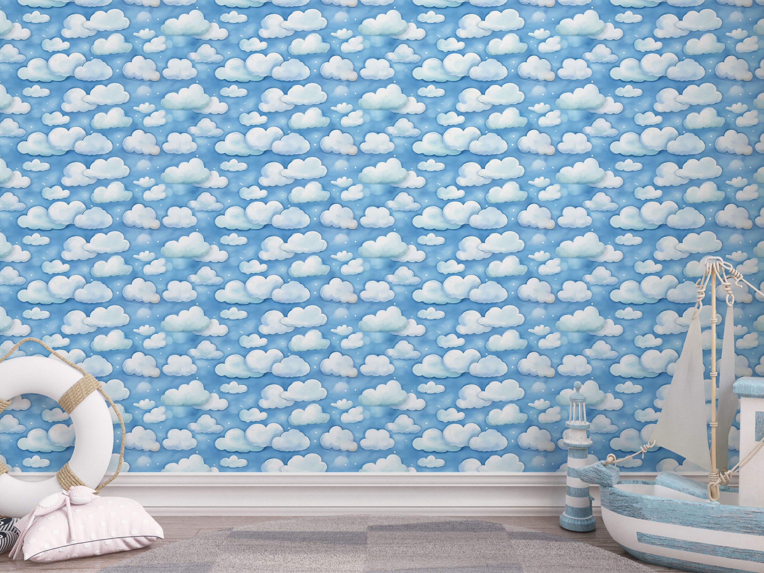 Children's wallpaper featuring a repeating pattern of soft, white cartoon clouds floating on a light blue sky with small white dots.