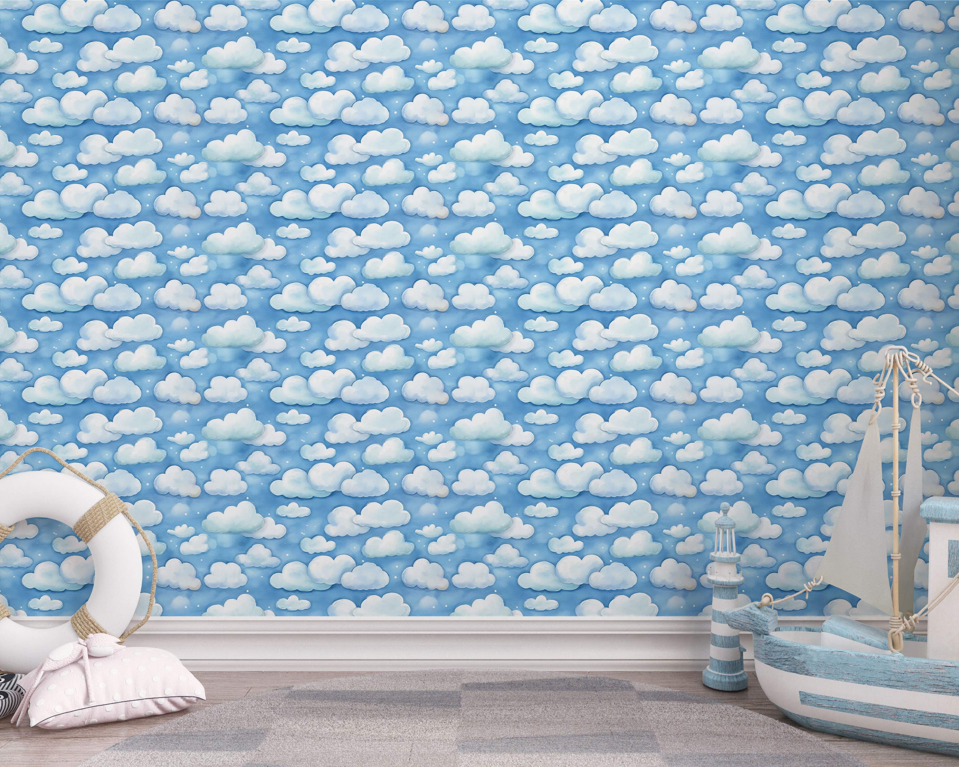 Children's wallpaper featuring a repeating pattern of soft, white cartoon clouds floating on a light blue sky with small white dots.