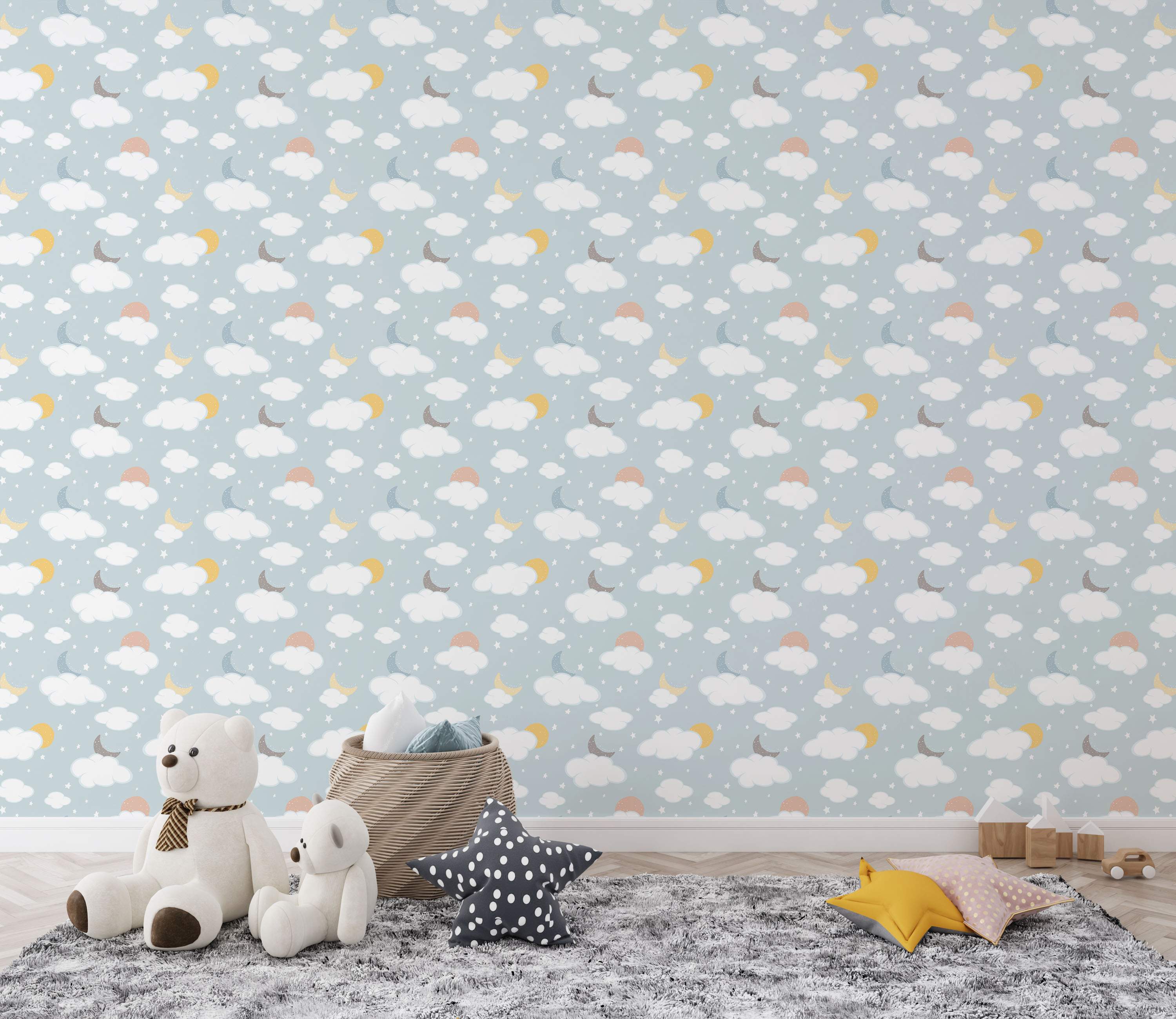 Sky-themed wallpaper with white clouds, colorful moons and suns, and white stars on a light blue background.
