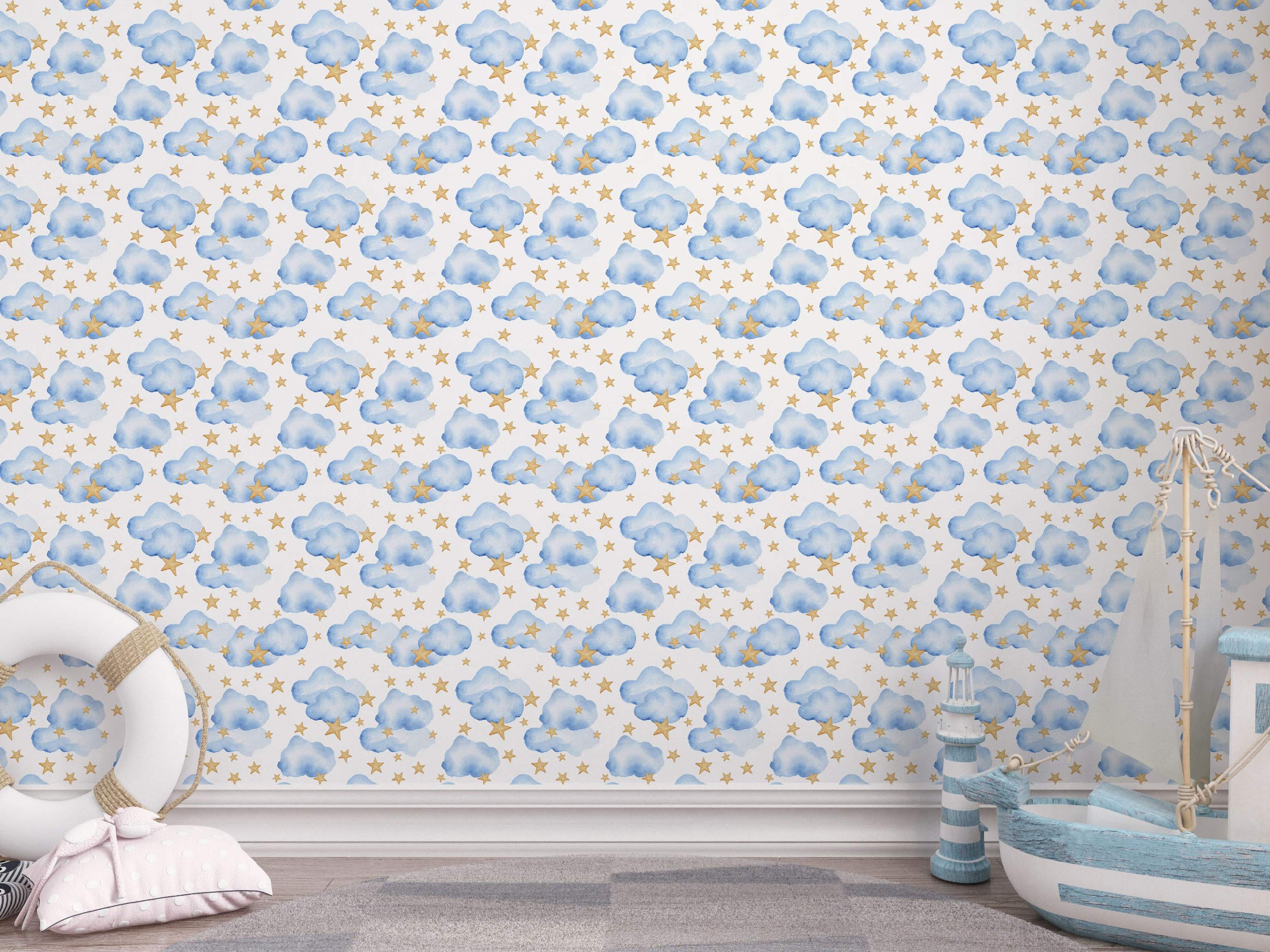 Watercolor wallpaper featuring a repeating pattern of soft blue clouds and scattered yellow stars on a white background.