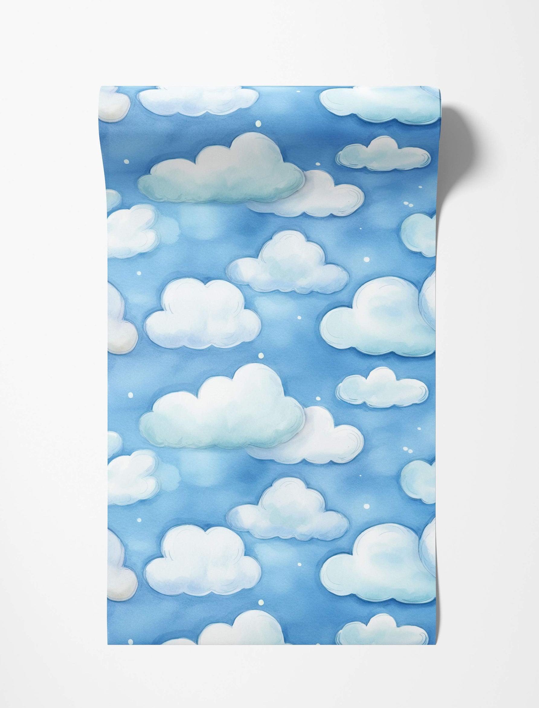 Watercolor wallpaper featuring fluffy white clouds scattered across a soft blue sky background with tiny white dots.
