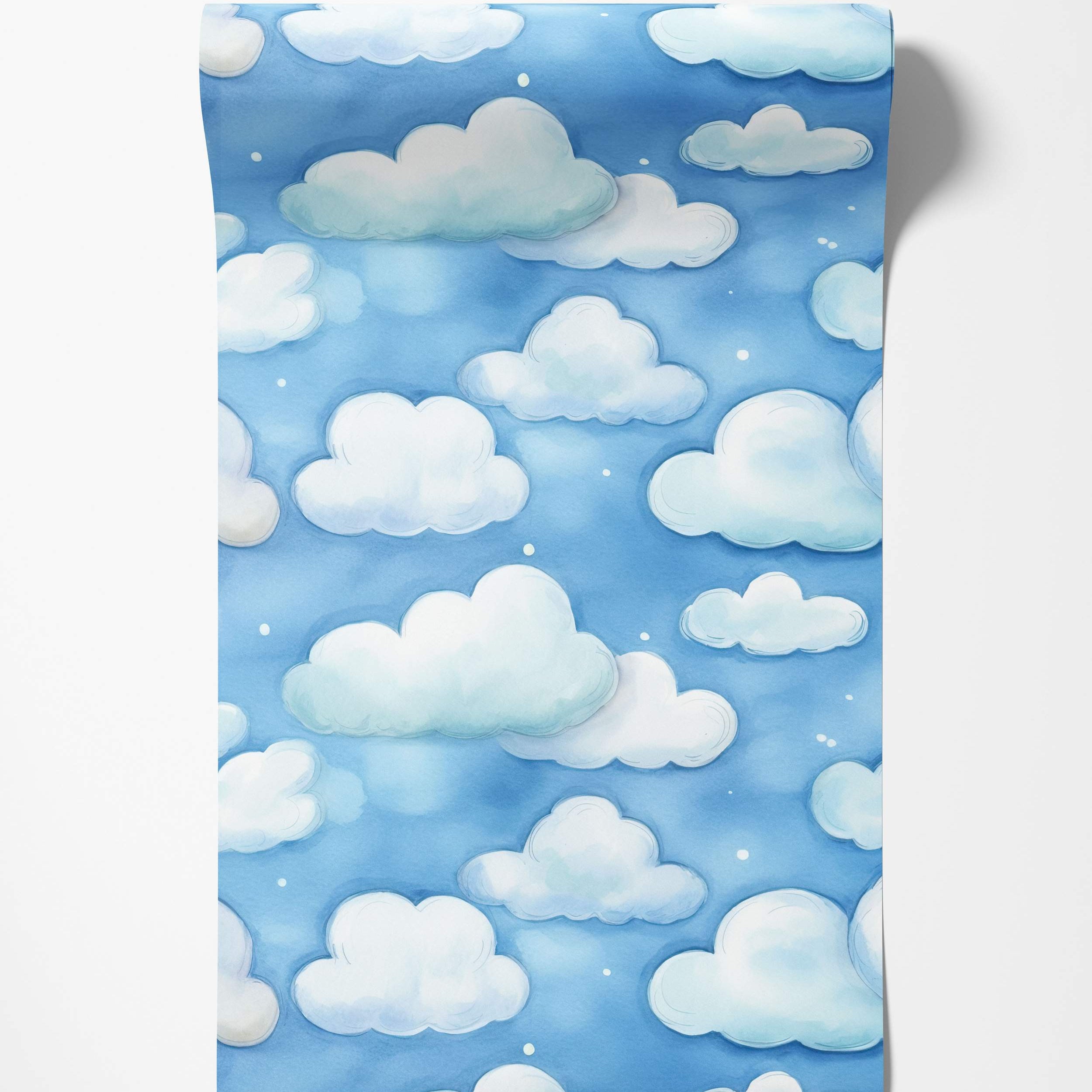 Watercolor wallpaper featuring fluffy white clouds scattered across a soft blue sky background with tiny white dots.