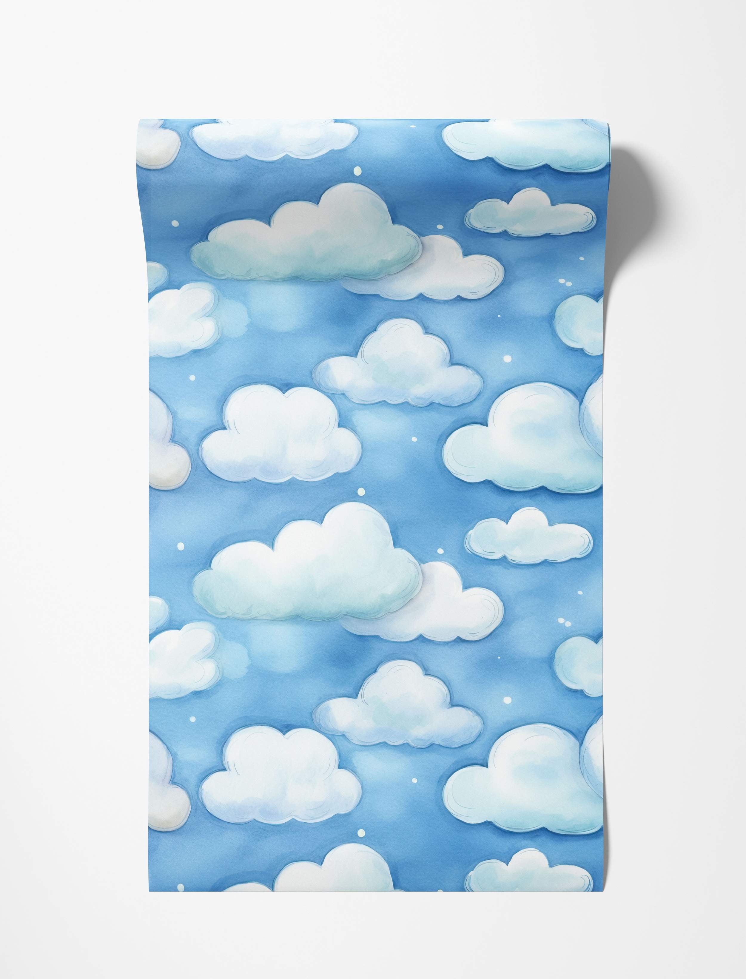 Watercolor wallpaper featuring fluffy white clouds scattered across a soft blue sky background with tiny white dots.
