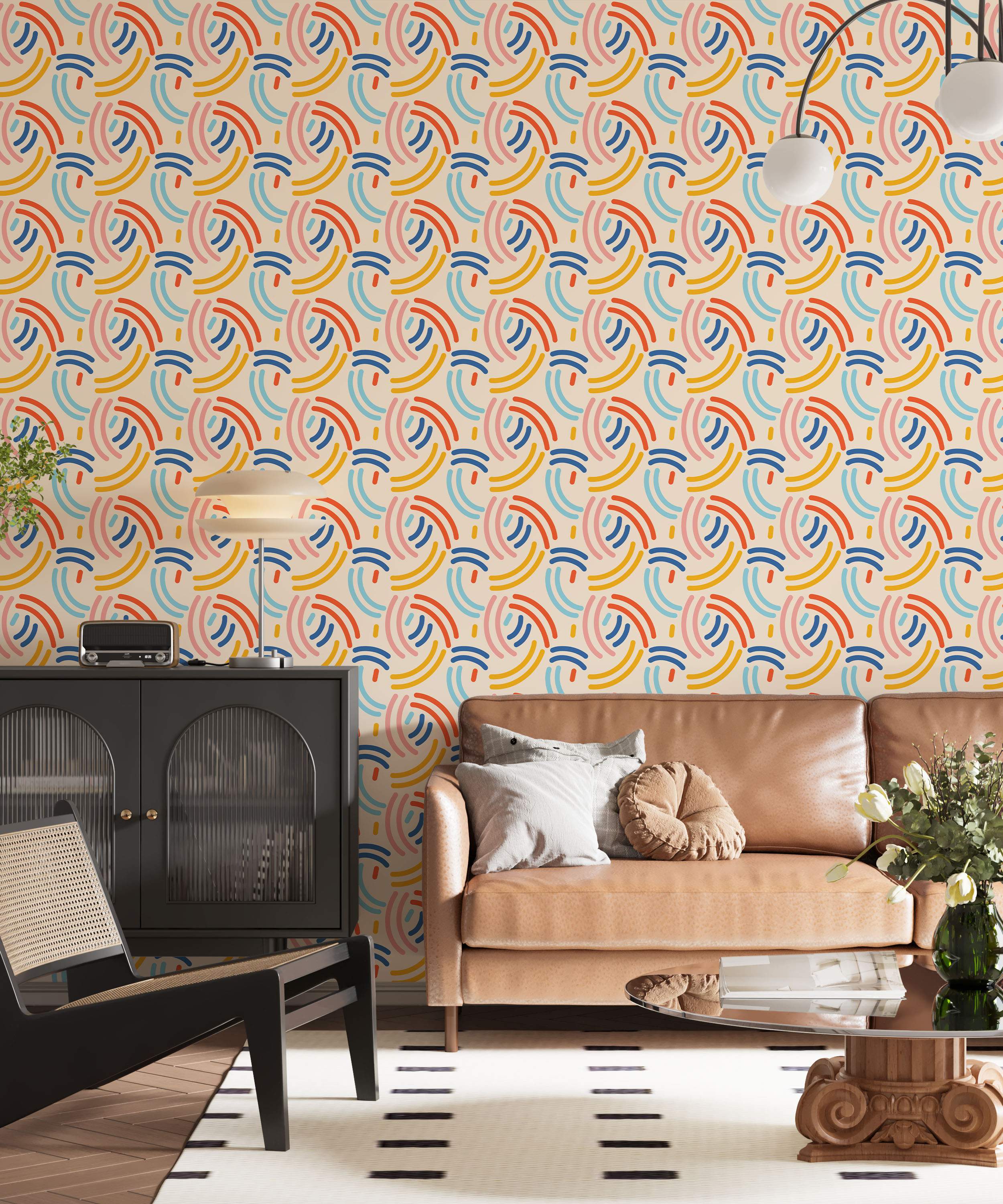 Colorful abstract wallpaper featuring repeating clusters of curved lines in red, blue, yellow, and pink on a cream background.