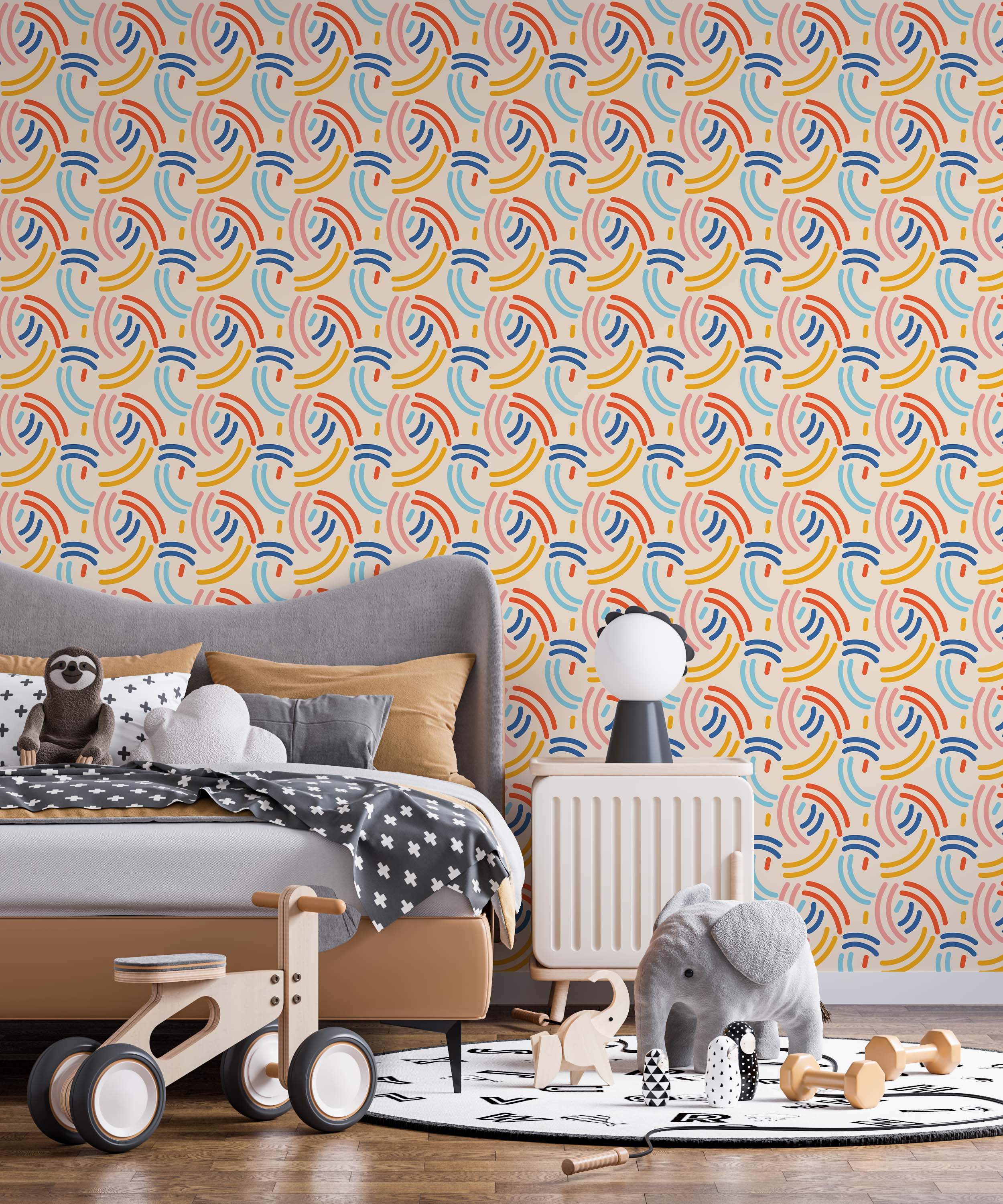 Playful wallpaper design with abstract arrangements of red, blue, yellow, and pink arcs on a light beige field.