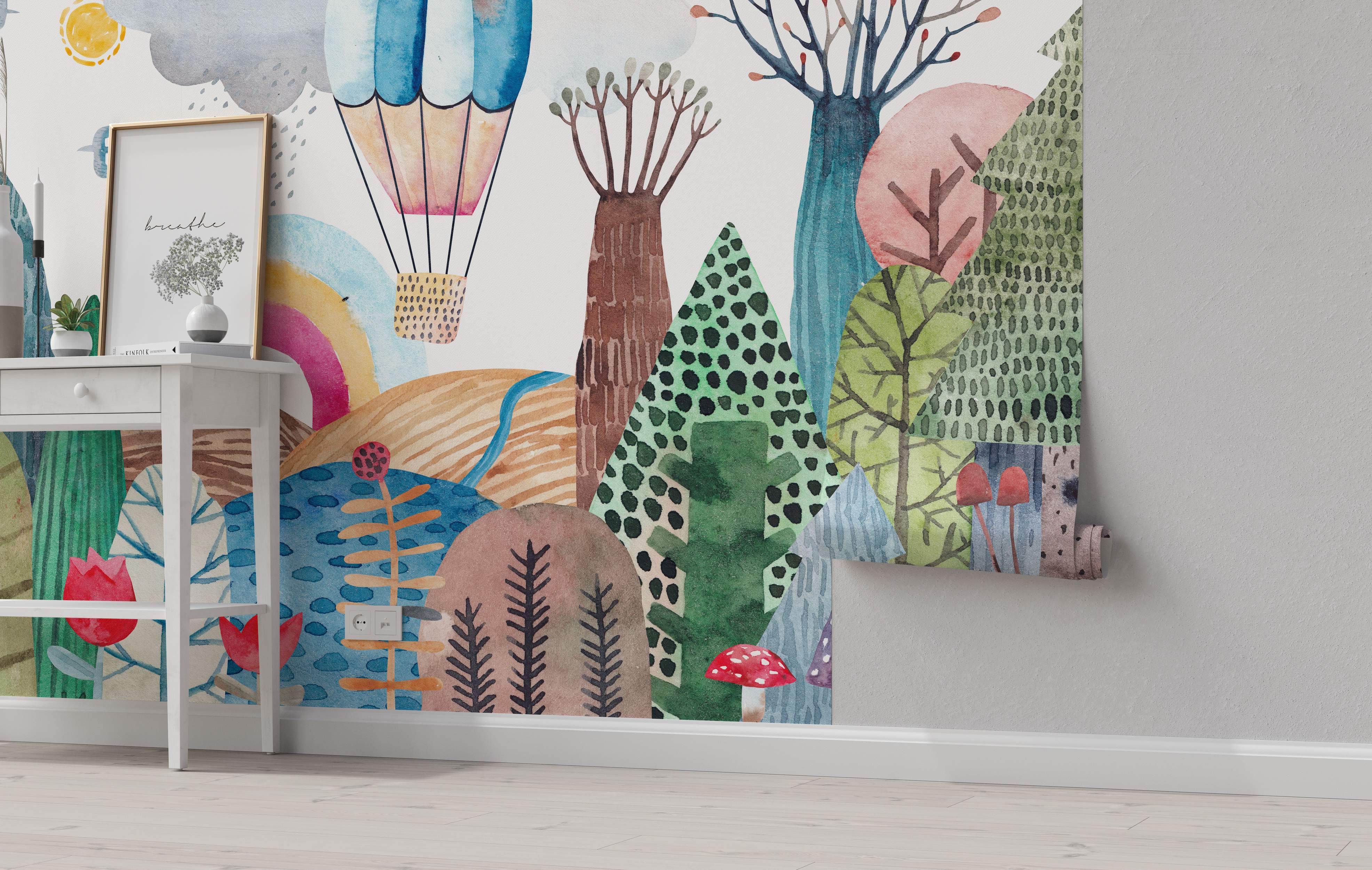 Colorful abstract mural with hot air balloon and botanical elements.