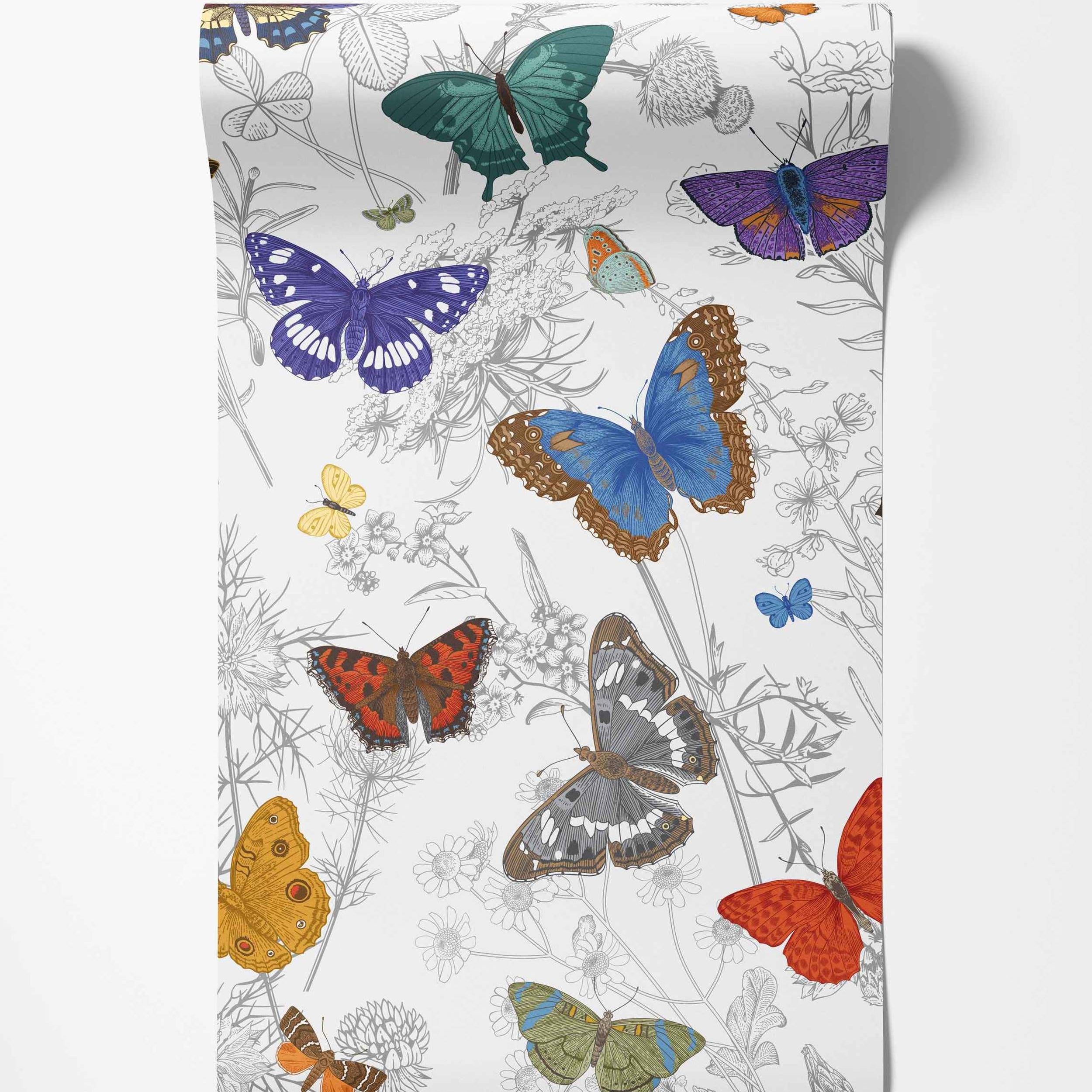 Wallpaper featuring colorful illustrated butterflies among gray outlined flowers and plants on a white background.