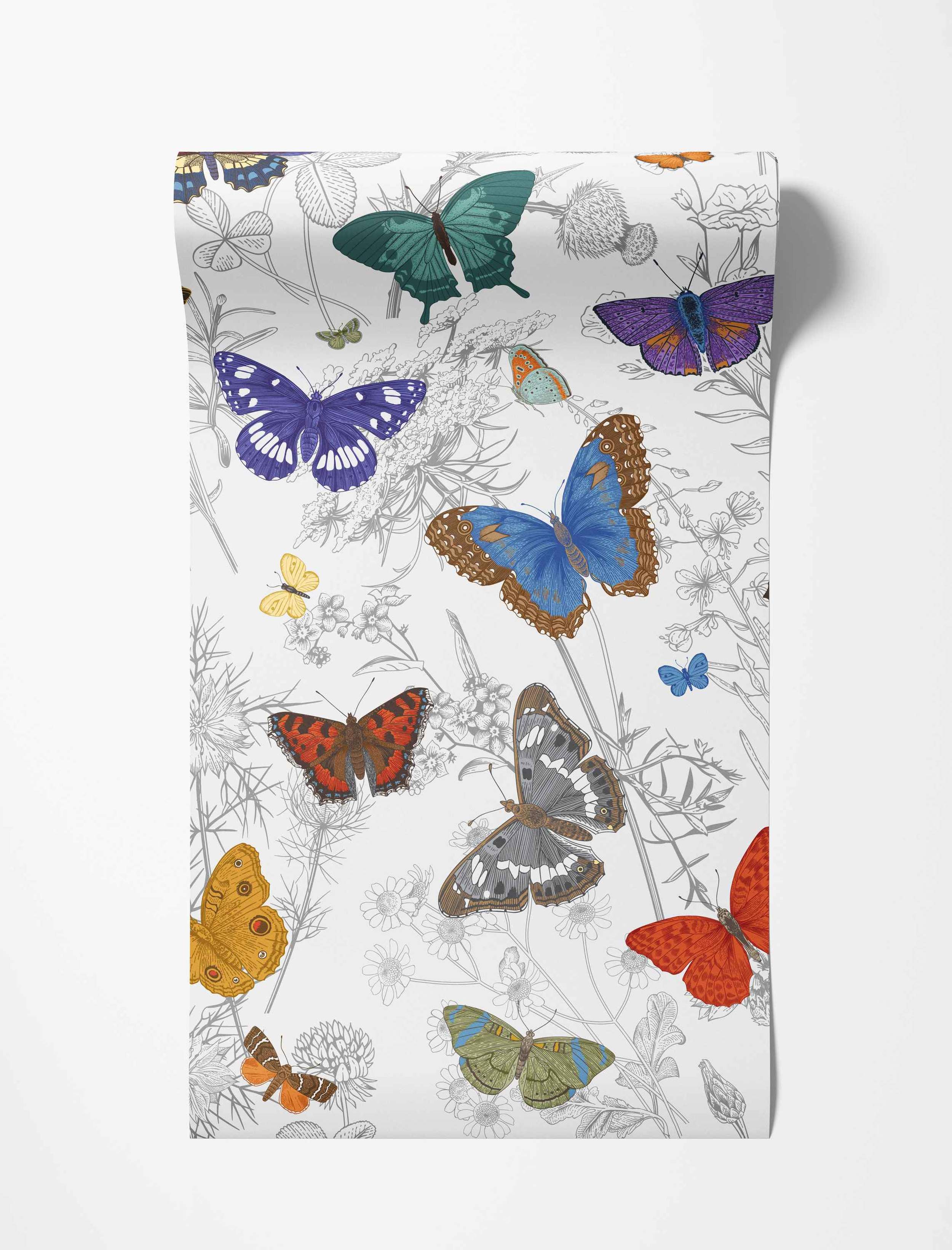 Wallpaper featuring colorful illustrated butterflies among gray outlined flowers and plants on a white background.
