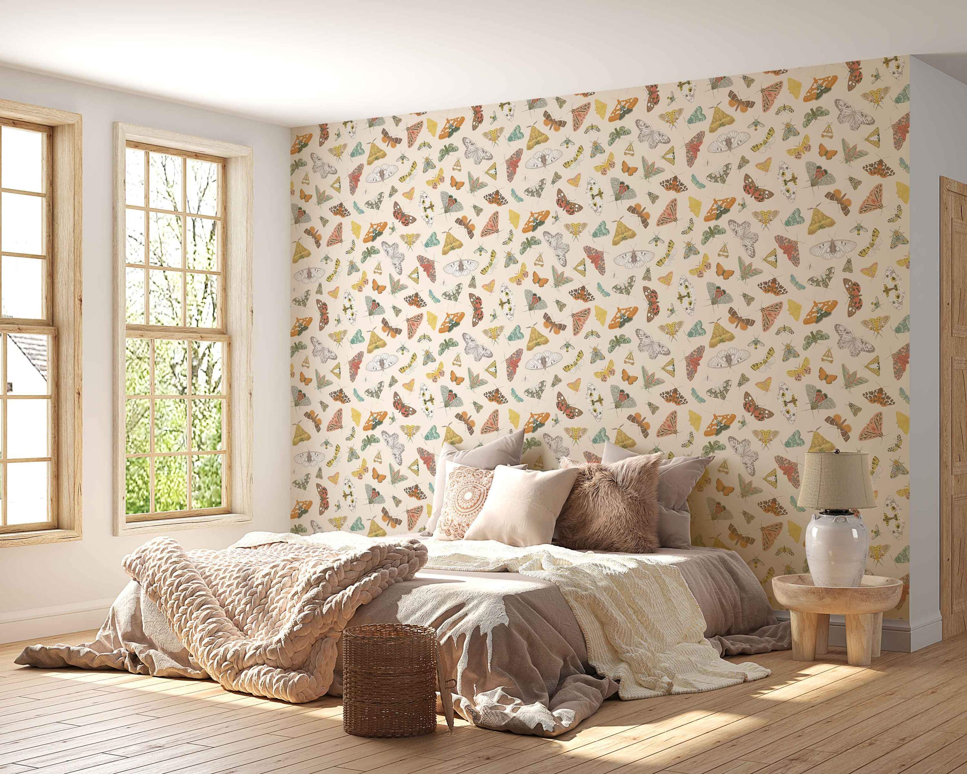 Colorful butterfly pattern wallpaper with pastel hues