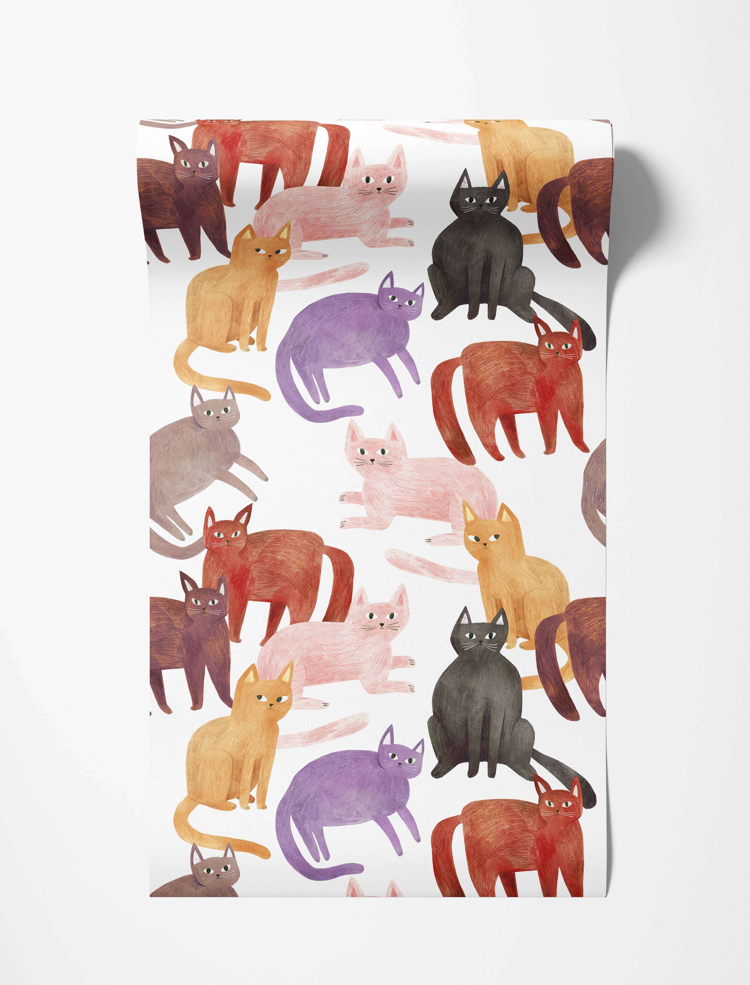 A whimsical wallpaper with a repeating pattern of stylized cats in pink, purple, orange, black, and brown on a white background.
