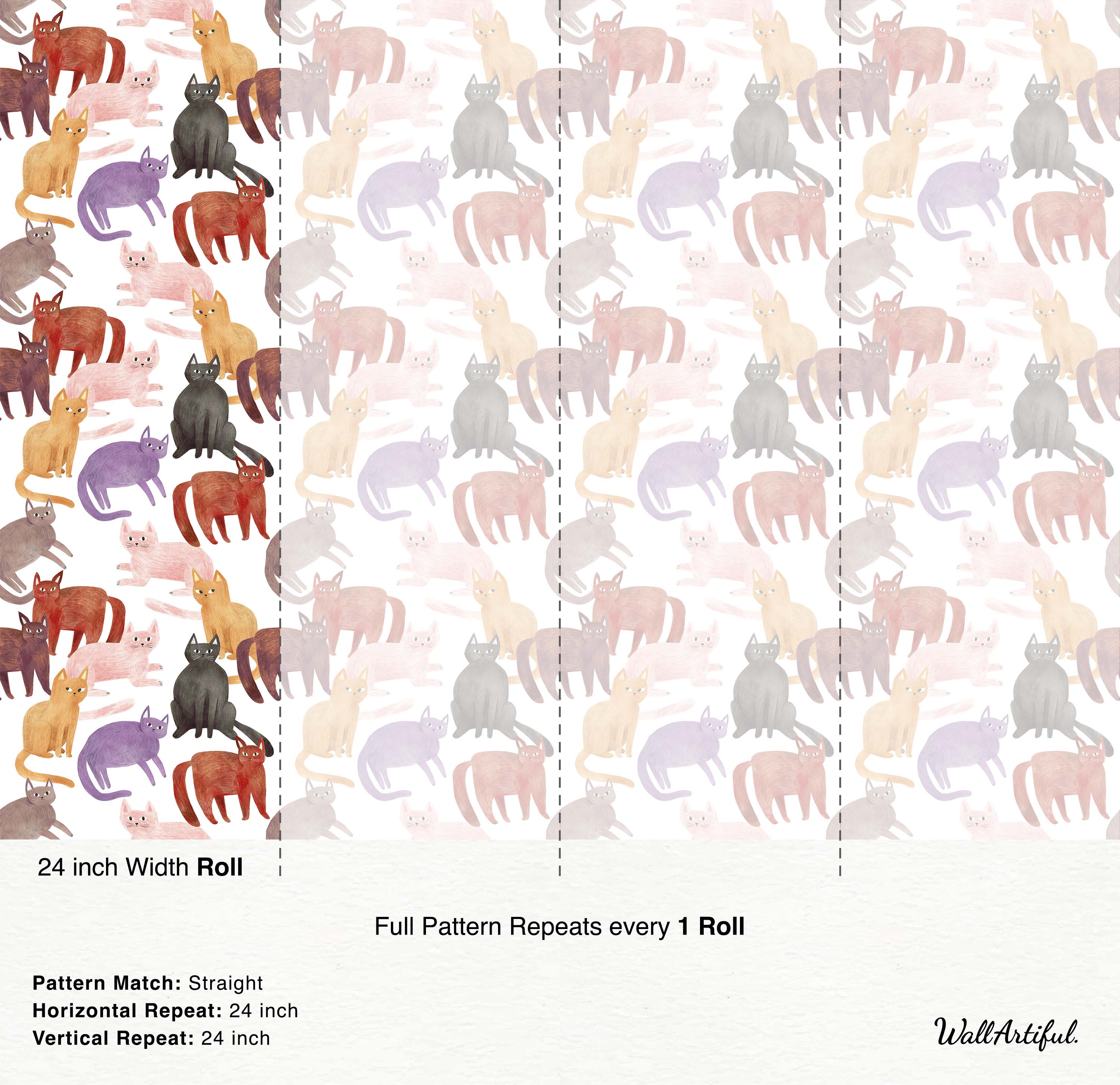 A whimsical wallpaper with a pattern of stylized cats in purple, orange, red, black, and pink on a white background.