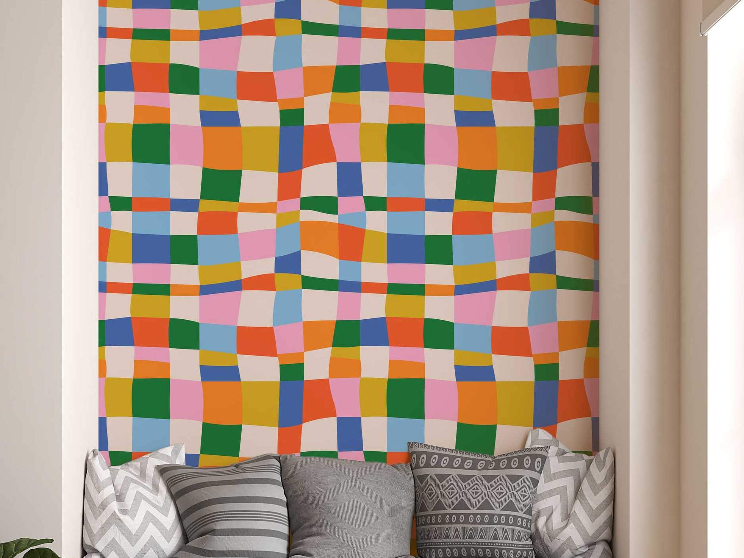 Colorful abstract checkered pattern wallpaper with wavy squares.