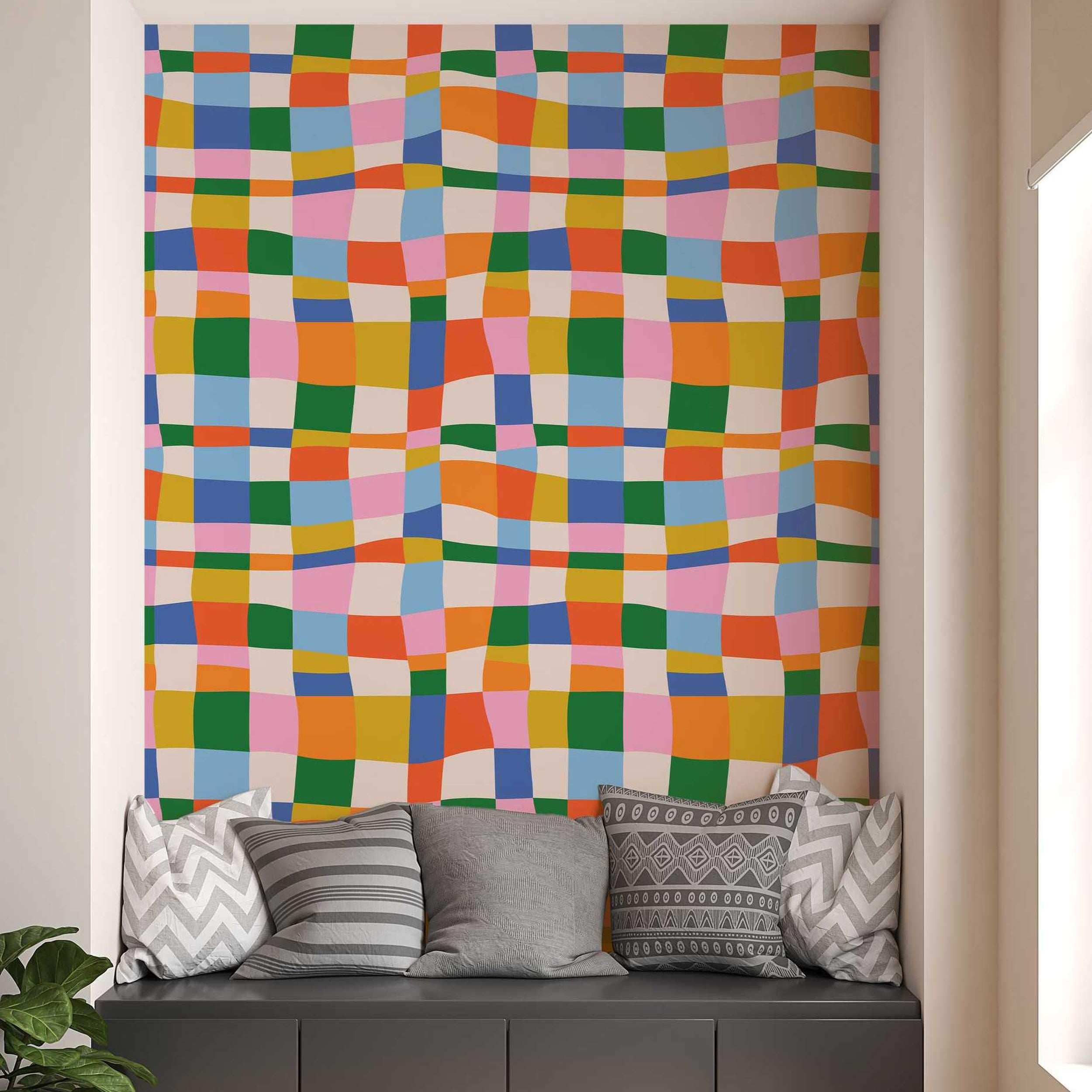 Colorful abstract checkered pattern wallpaper with wavy squares.