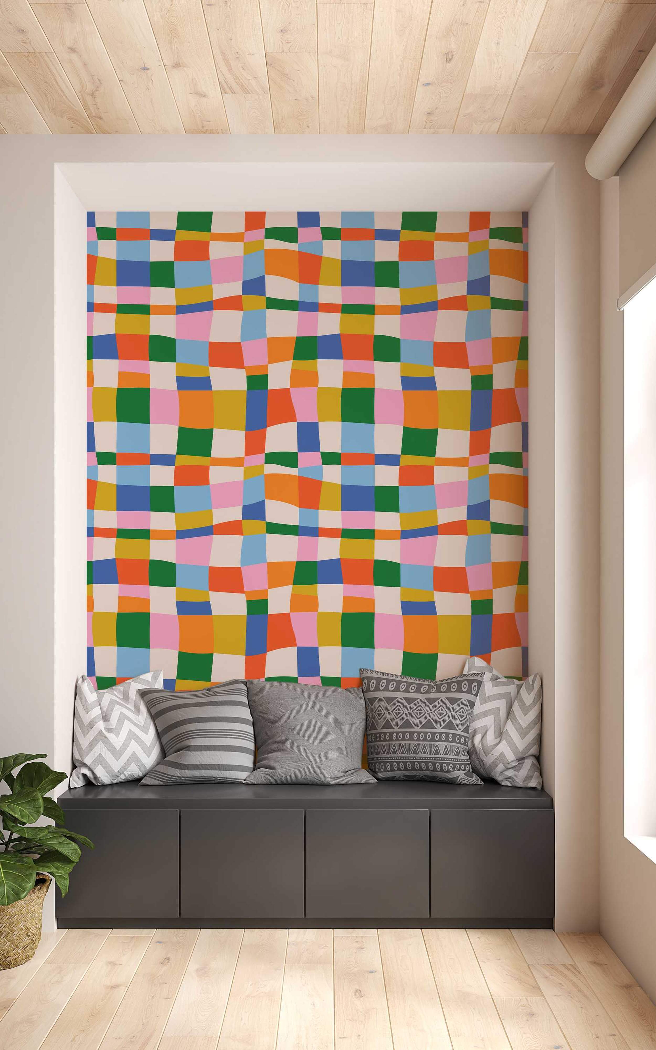Colorful abstract checkered pattern wallpaper with wavy squares.
