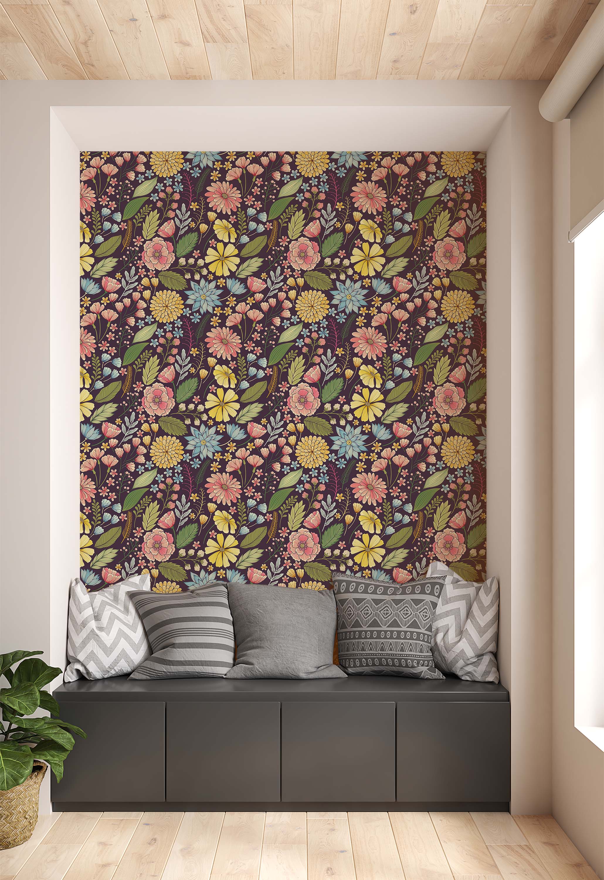 Retro floral wallpaper with a dense, repeating pattern of stylized pink, yellow, and blue flowers and green leaves on a dark purple ground.