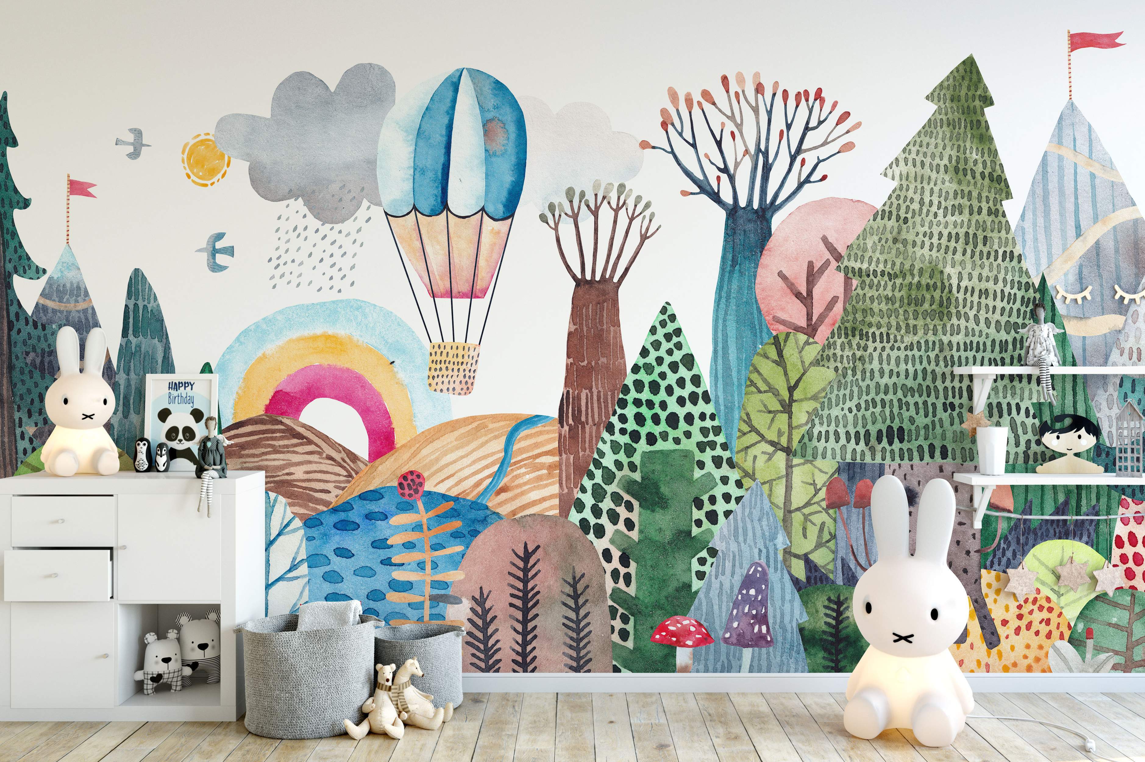 Colorful forest scene with hot air balloon and trees mural