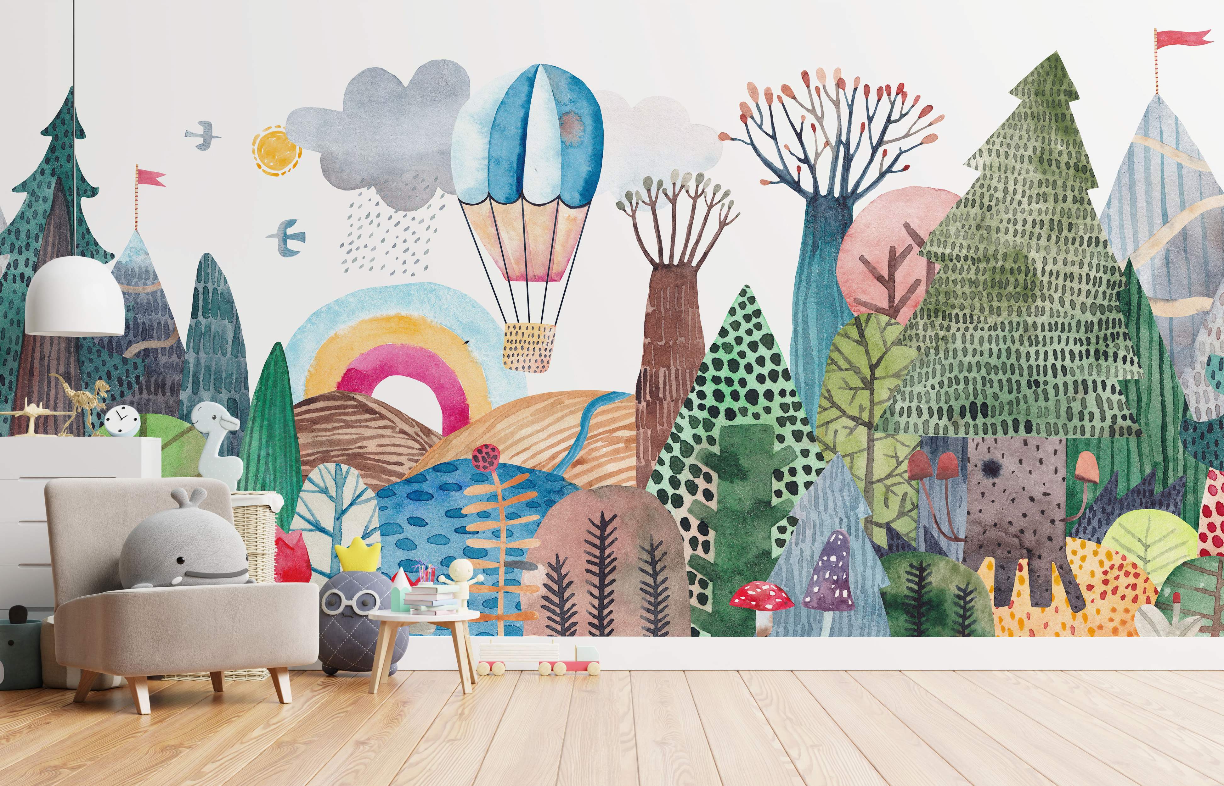 Colorful whimsical forest scene with trees and hot air balloon mural