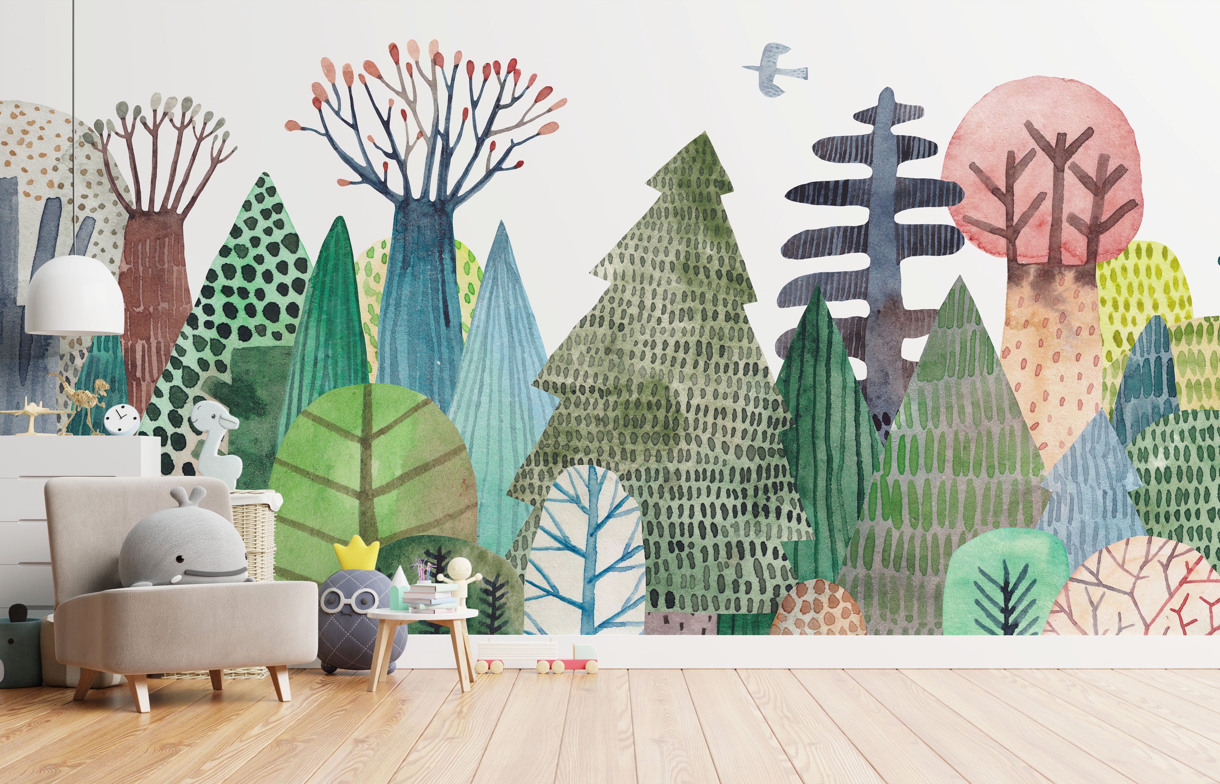 Colorful abstract forest mural with geometric trees.