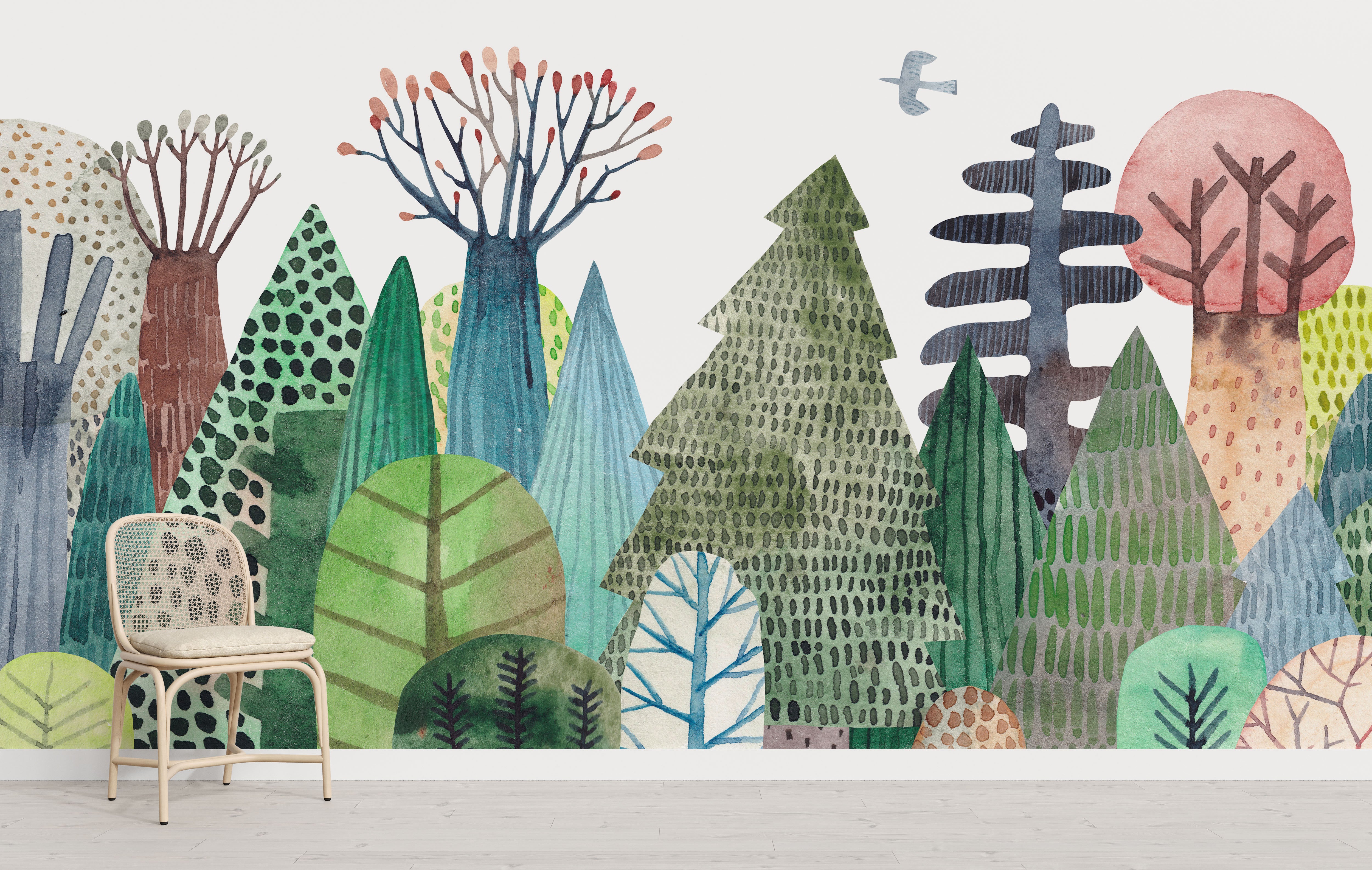 Colorful geometric forest mural with abstract trees and patterns.