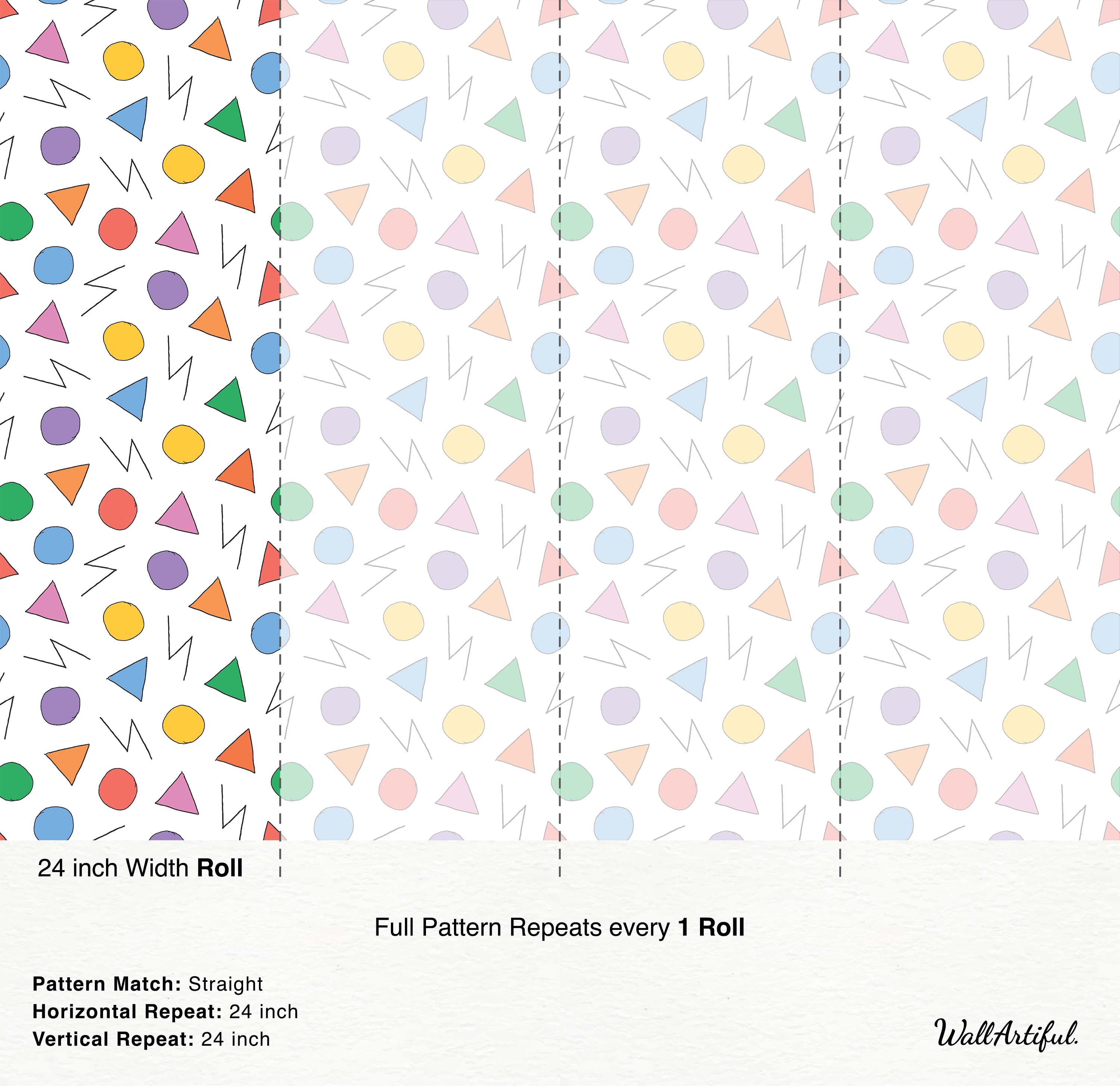 Retro wallpaper with a pattern of colorful, hand-drawn circles, triangles, and zig-zags on a white field.