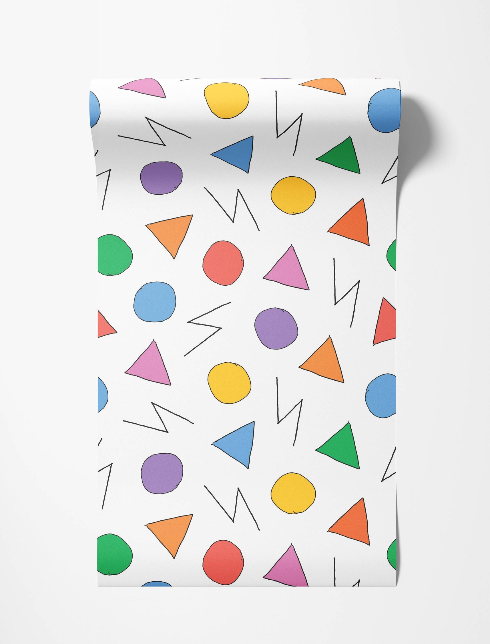 A playful wallpaper with a pattern of colorful, hand-drawn geometric shapes like circles, triangles, and squiggles on a white background.