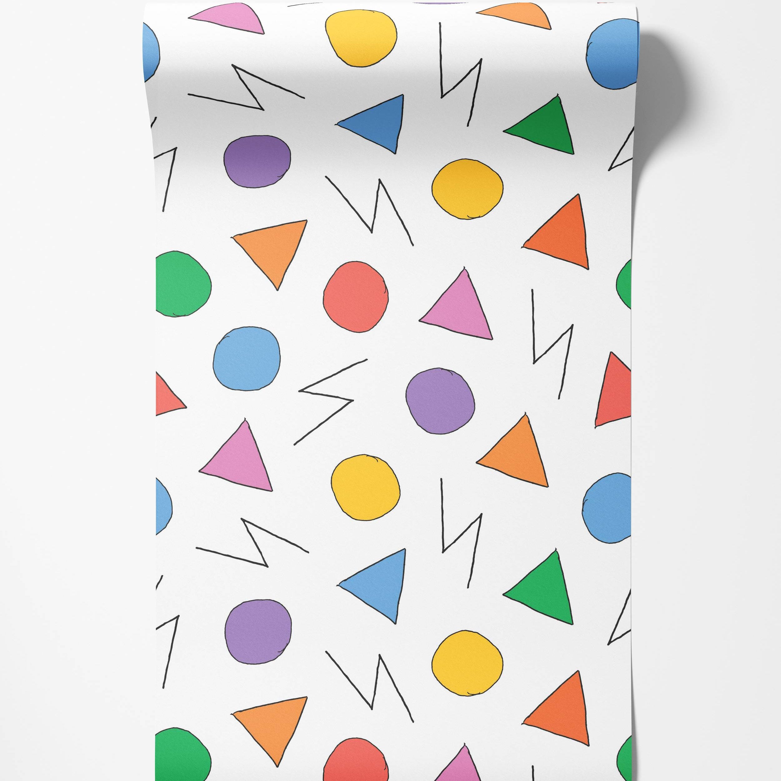 A playful wallpaper with a pattern of colorful, hand-drawn geometric shapes like circles, triangles, and squiggles on a white background.