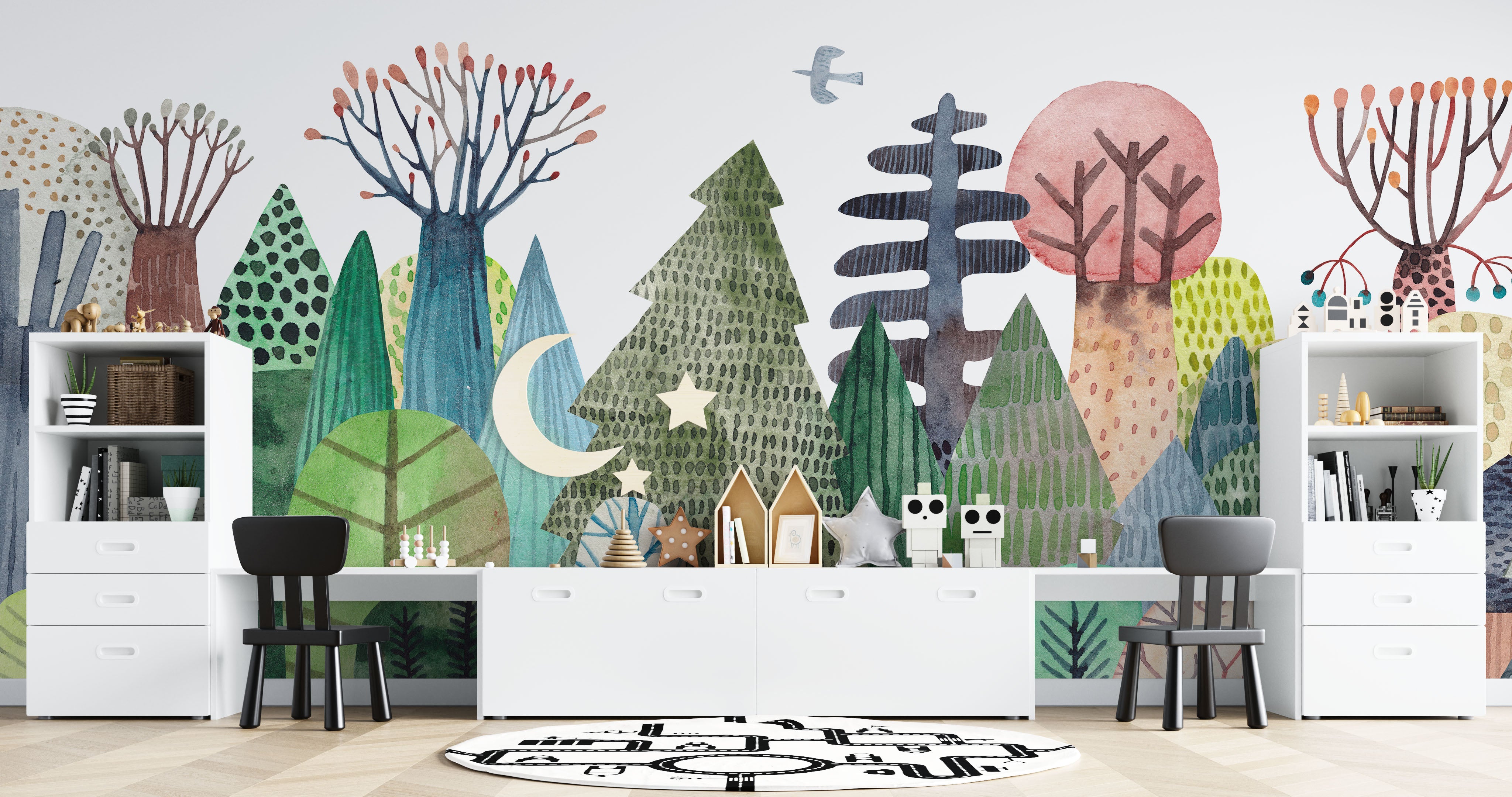 Colorful geometric trees mural with abstract shapes and soft hues.