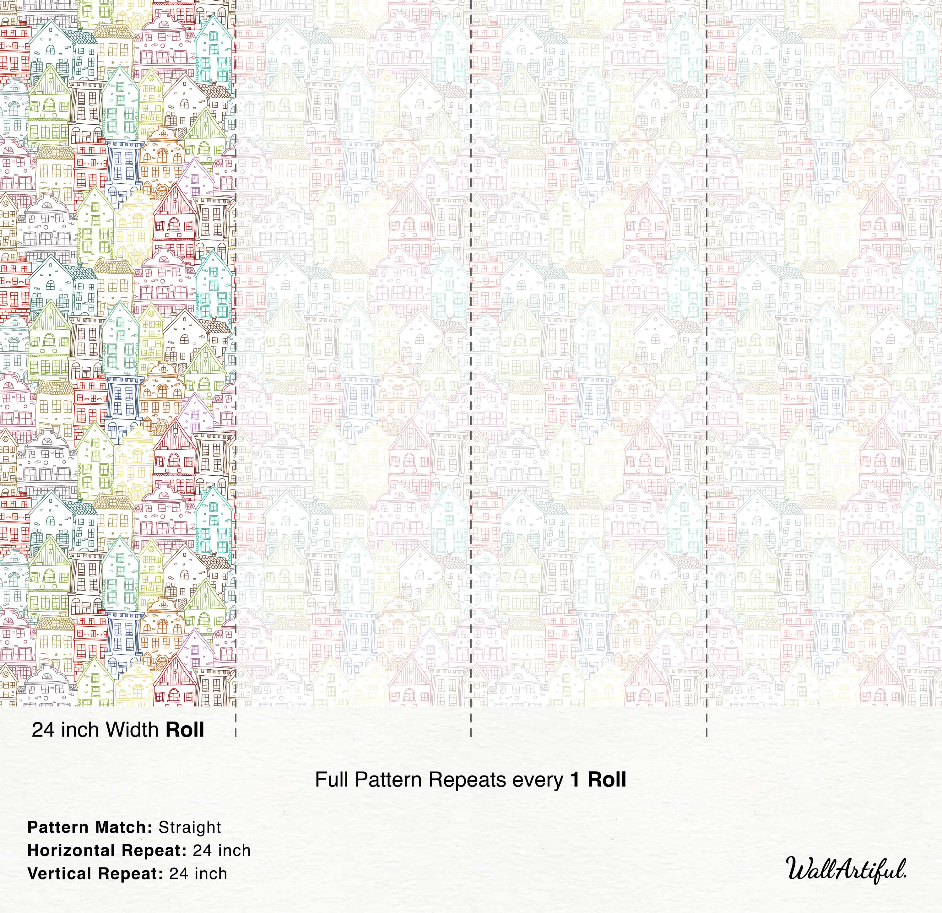 Whimsical wallpaper featuring a repeating pattern of hand-drawn houses with colorful outlines on a white background.