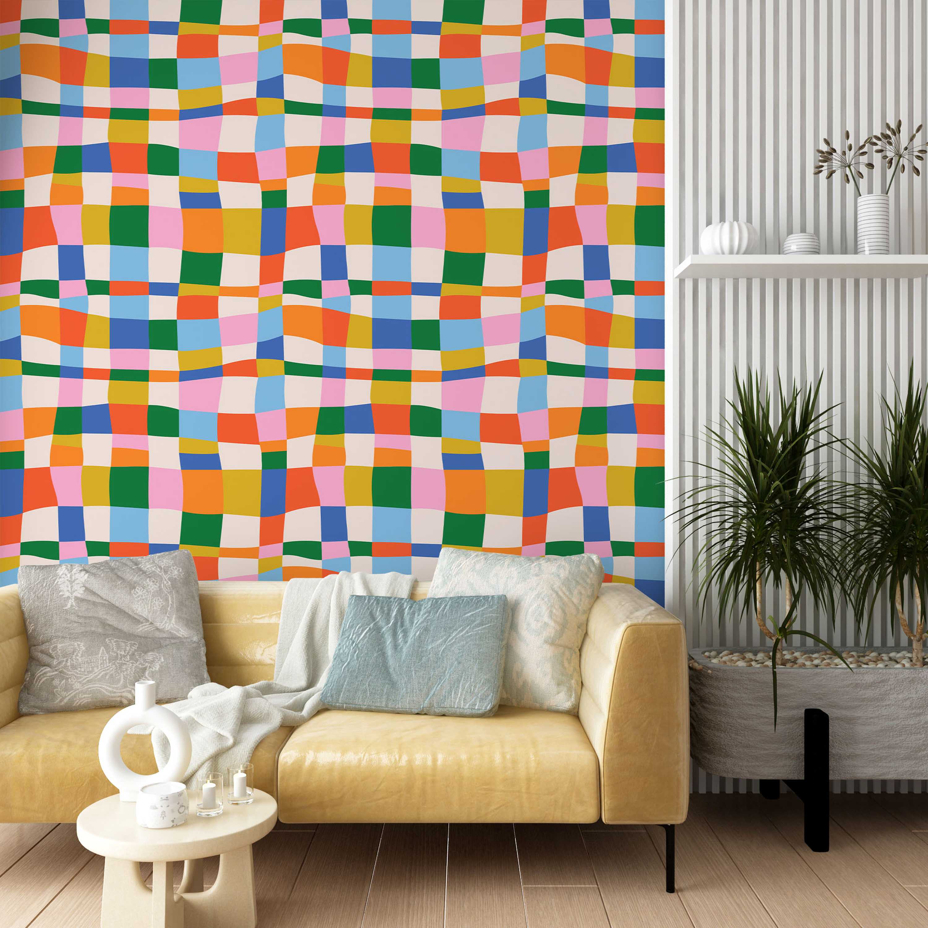 Colorful wavy geometric pattern with squares and rectangles.