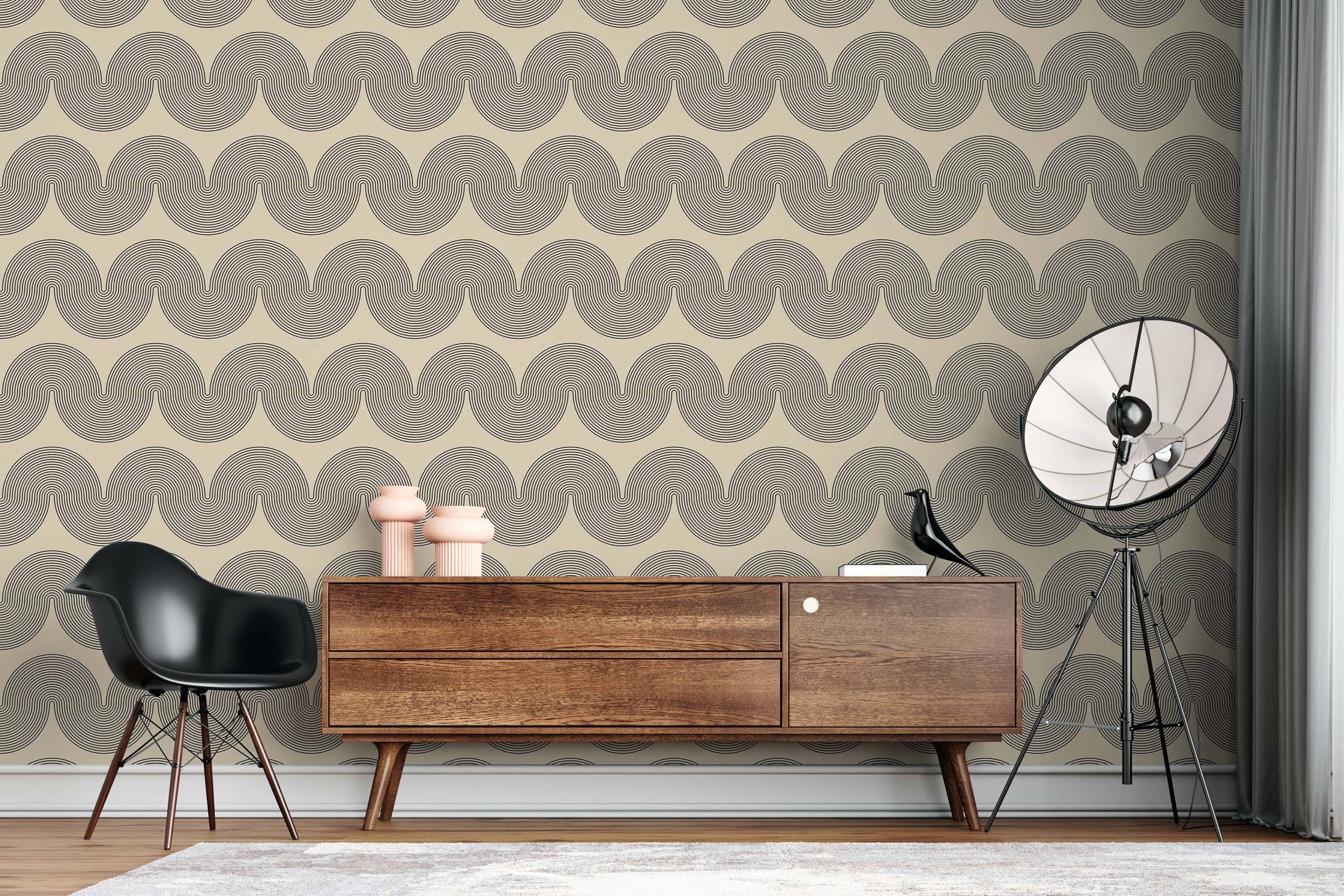 Wallpaper featuring repeating horizontal waves composed of thin concentric black lines on a light beige background.