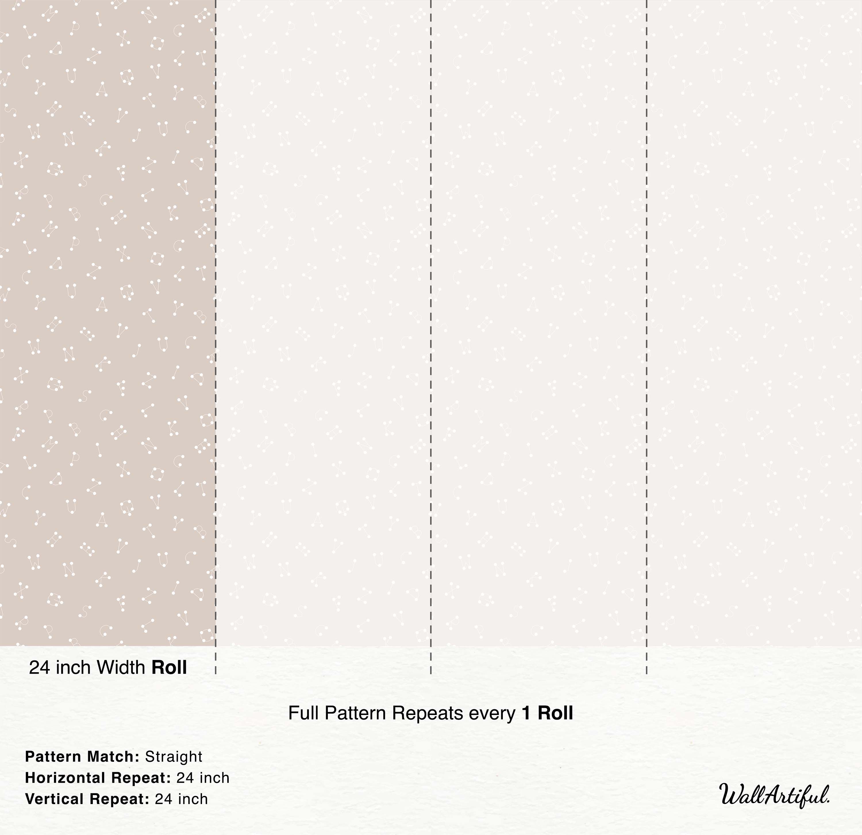 Wallpaper with a pattern of white constellation-style alphabet letters on a light beige background.