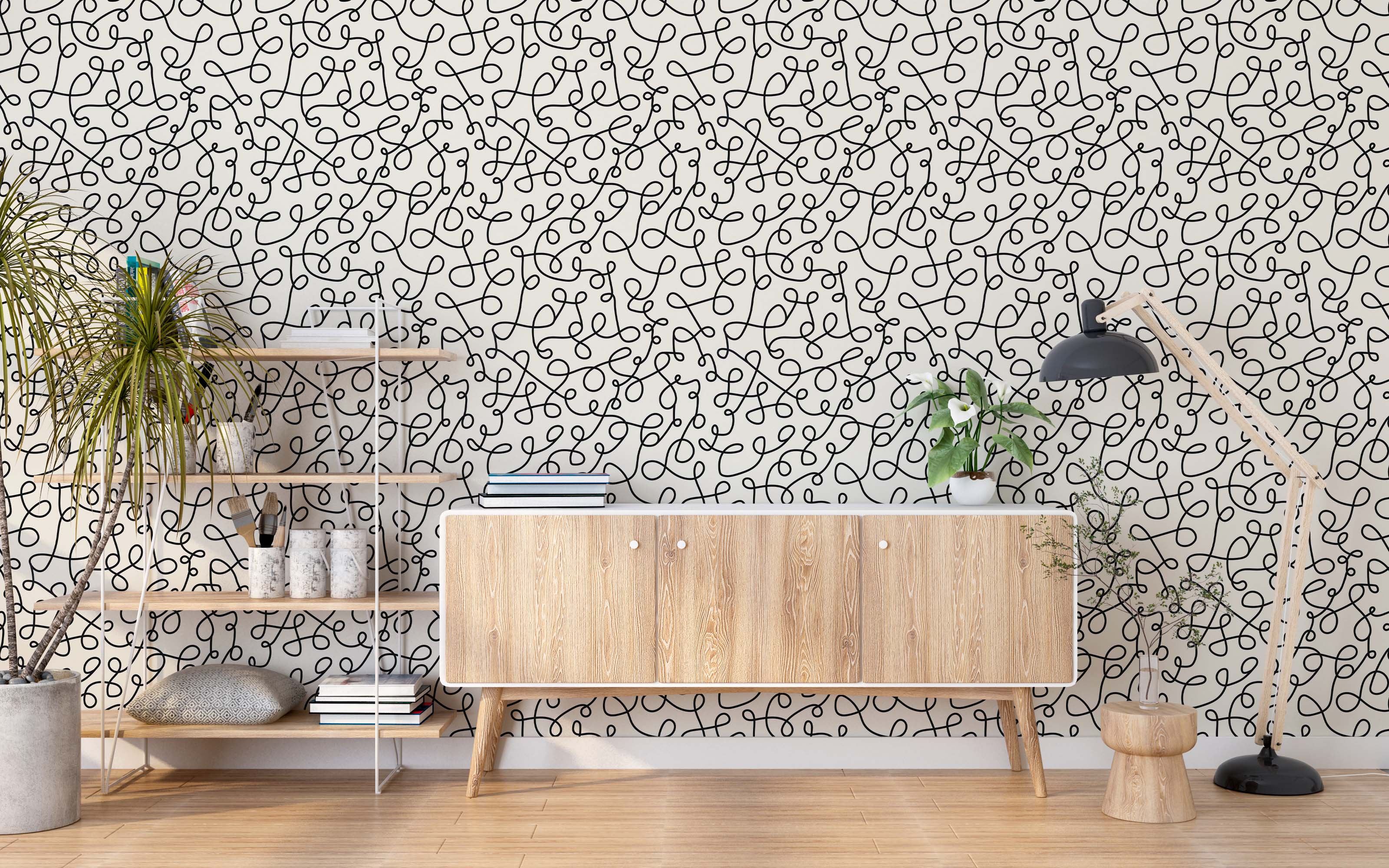 Abstract wallpaper with a dense pattern of thin, continuous black looping lines on a light cream background.