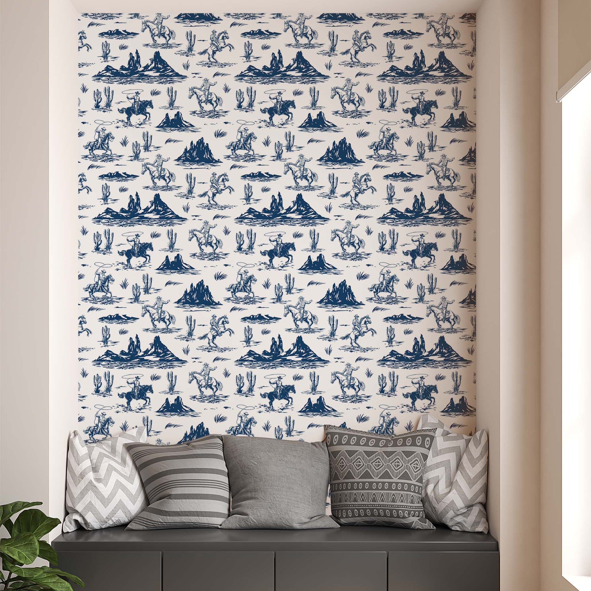 Illustrative wallpaper with a repeating Western pattern of cowboys, horses, and cacti in dark blue on a cream background.