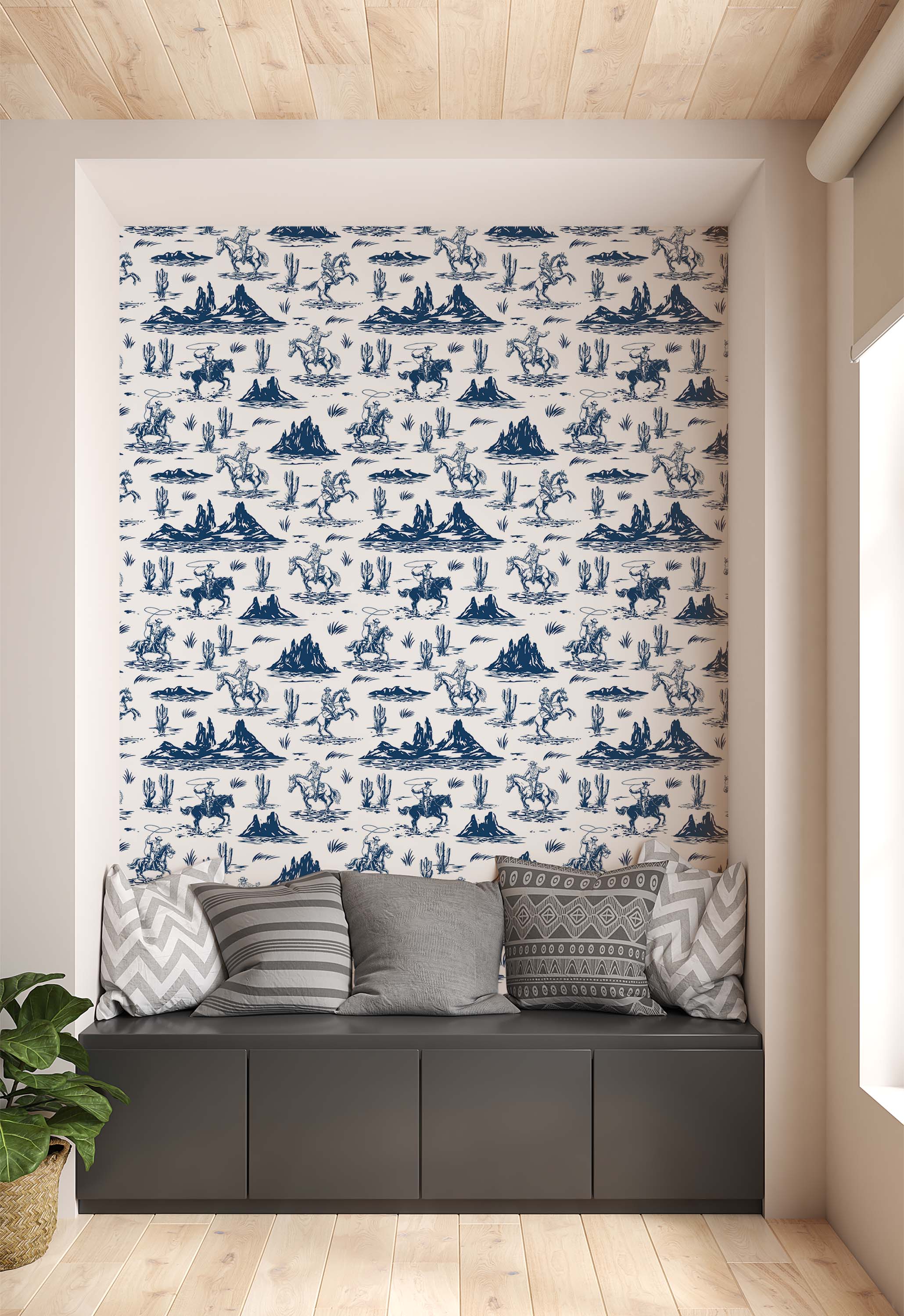 Illustrative wallpaper with a repeating Western pattern of cowboys, horses, and cacti in dark blue on a cream background.