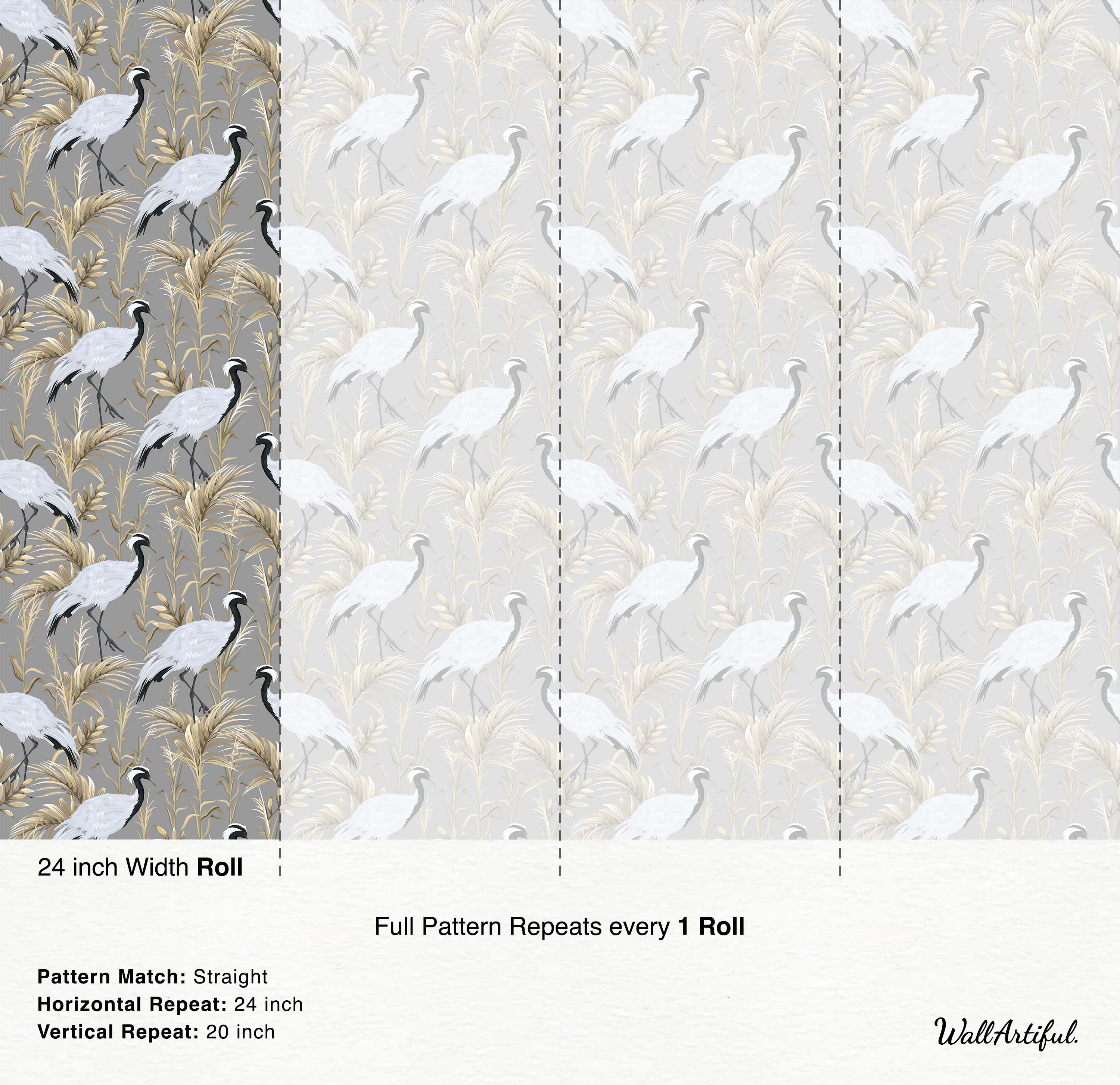 A repeating wallpaper pattern of elegant white cranes with black necks amidst golden foliage on a gray background.