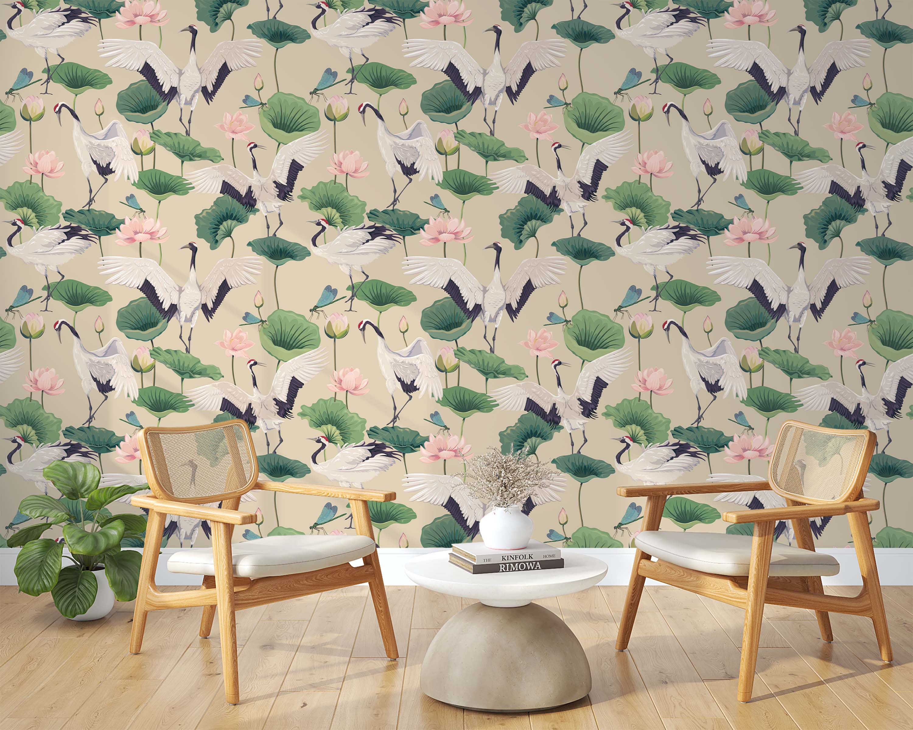A Chinoiserie style wallpaper featuring elegant cranes, pink lotuses, and blue dragonflies on a neutral beige background.