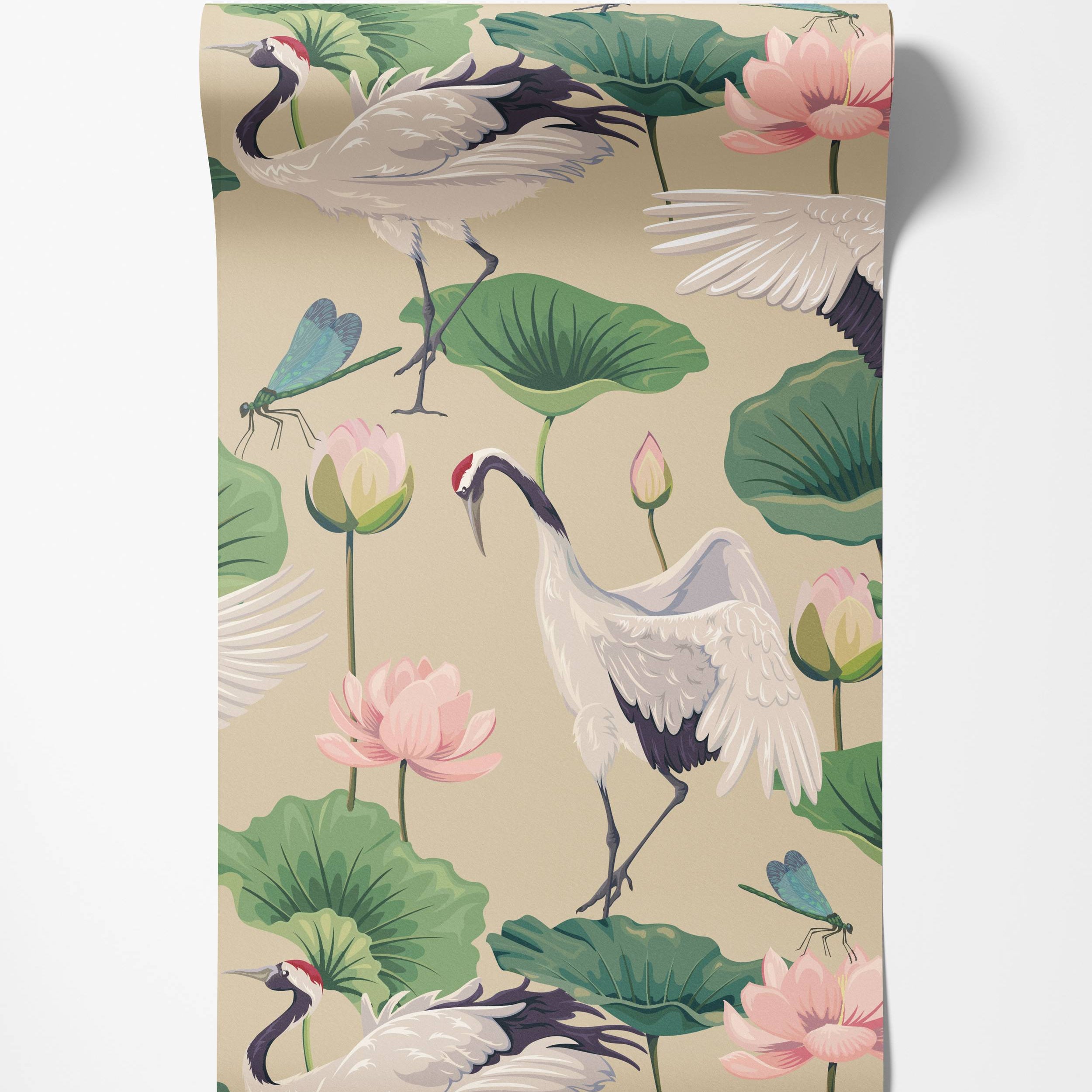 Illustrative wallpaper with Japanese cranes, pink lotus flowers, green lily pads, and dragonflies on a beige background.