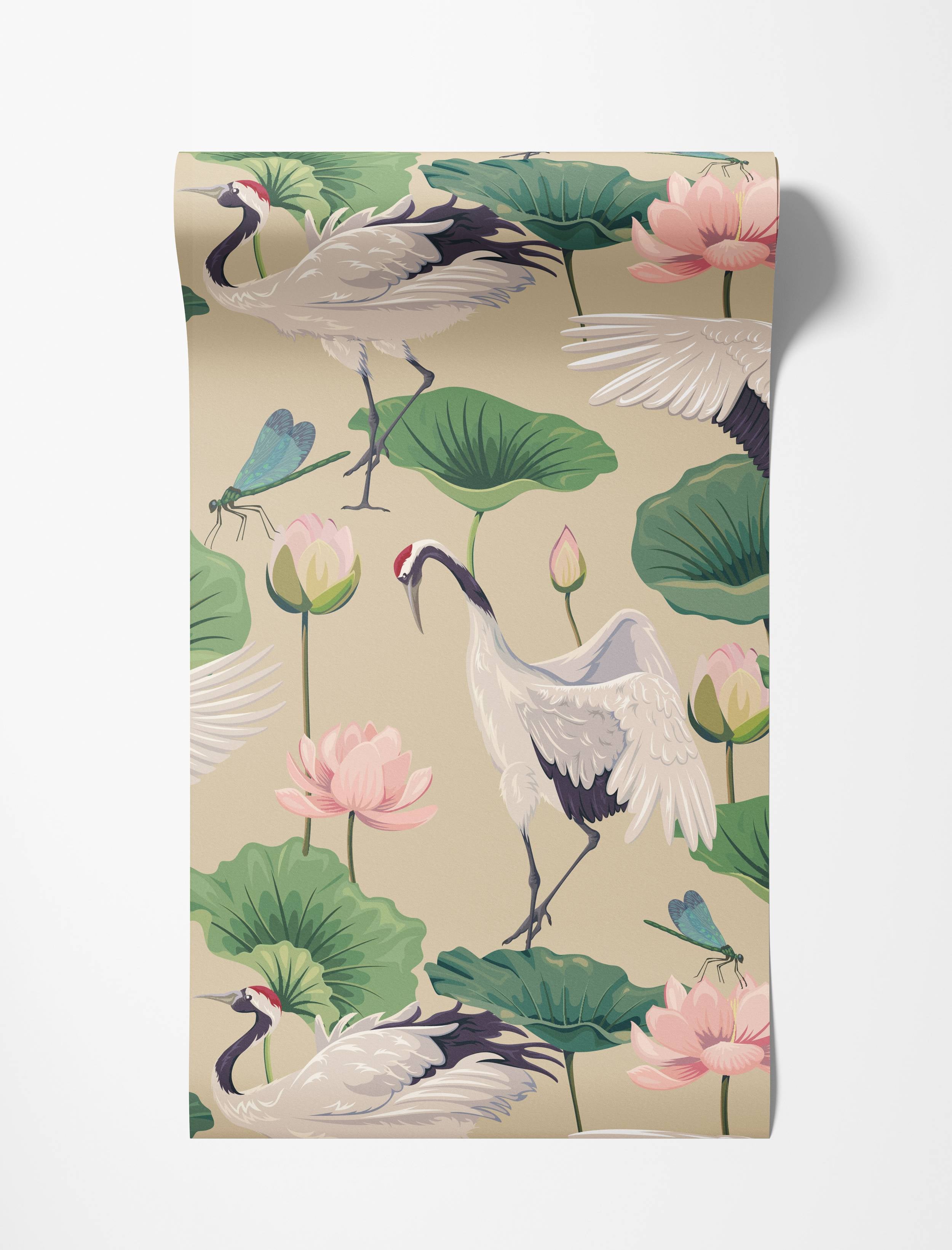 Illustrative wallpaper with Japanese cranes, pink lotus flowers, green lily pads, and dragonflies on a beige background.