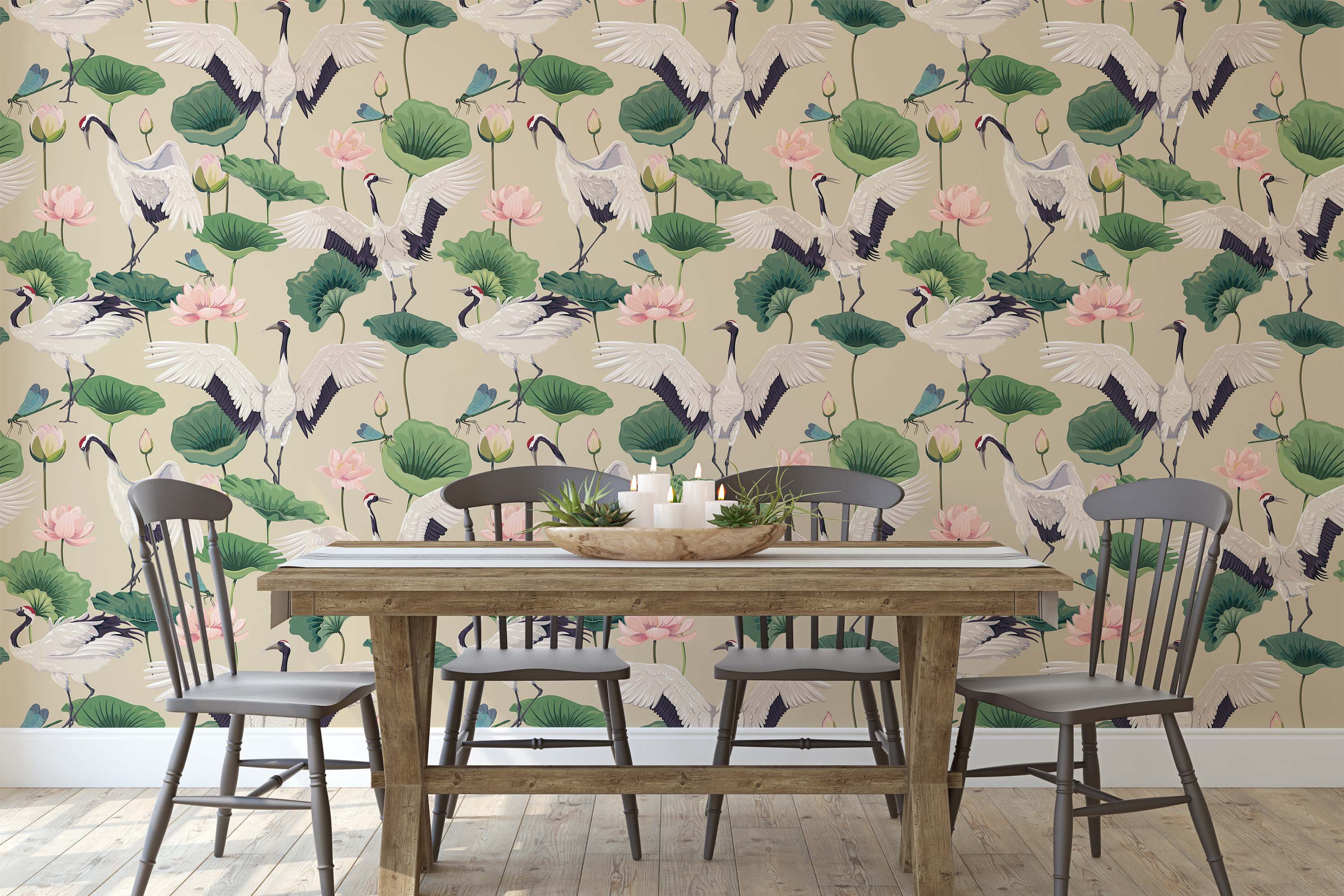 Asian-inspired wallpaper featuring red-crowned cranes, pink lotus flowers, and green lily pads on a beige background.
