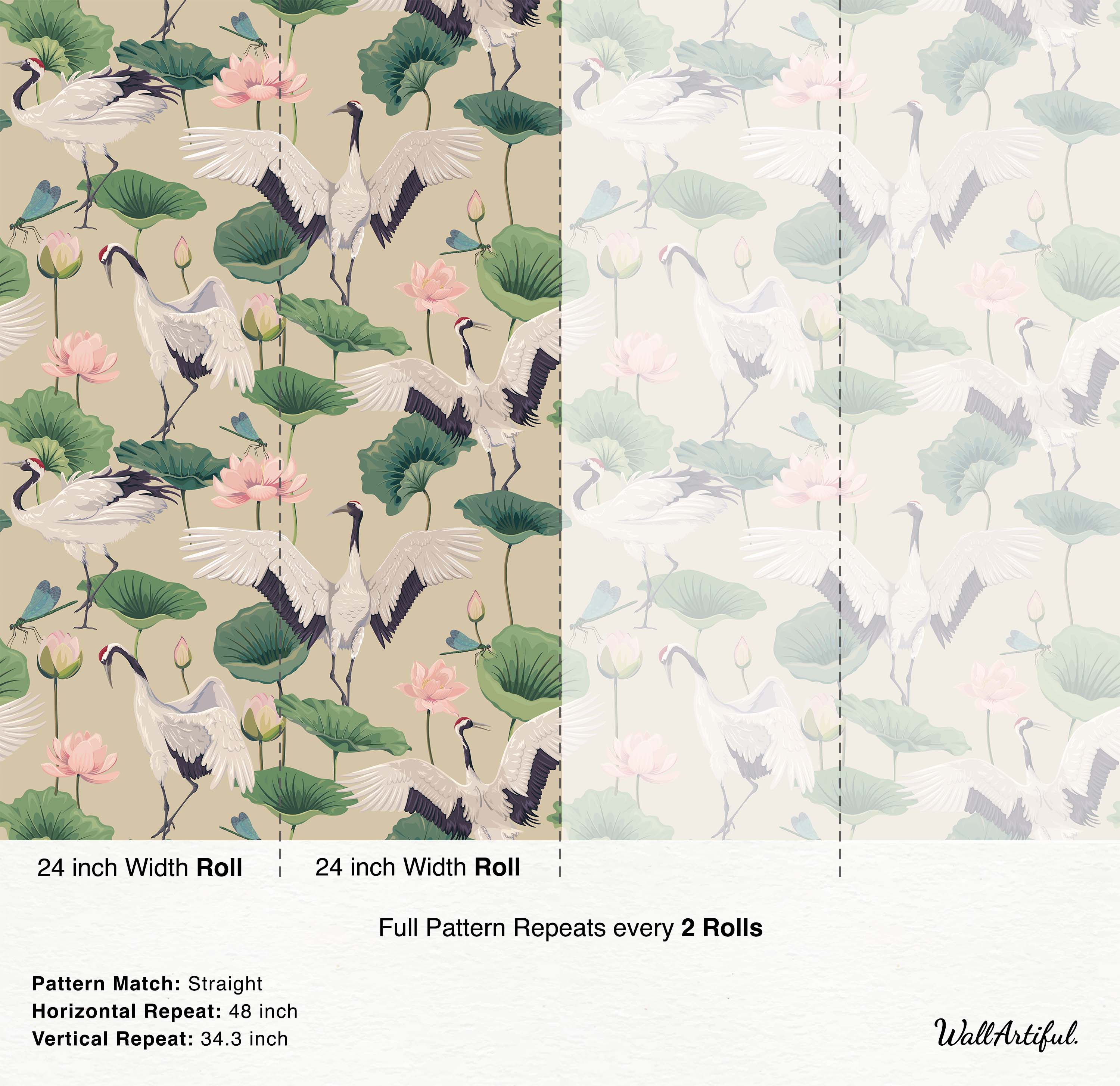 An Asian-inspired wallpaper with elegant cranes, pink lotus flowers, and green lily pads on a soft beige background.